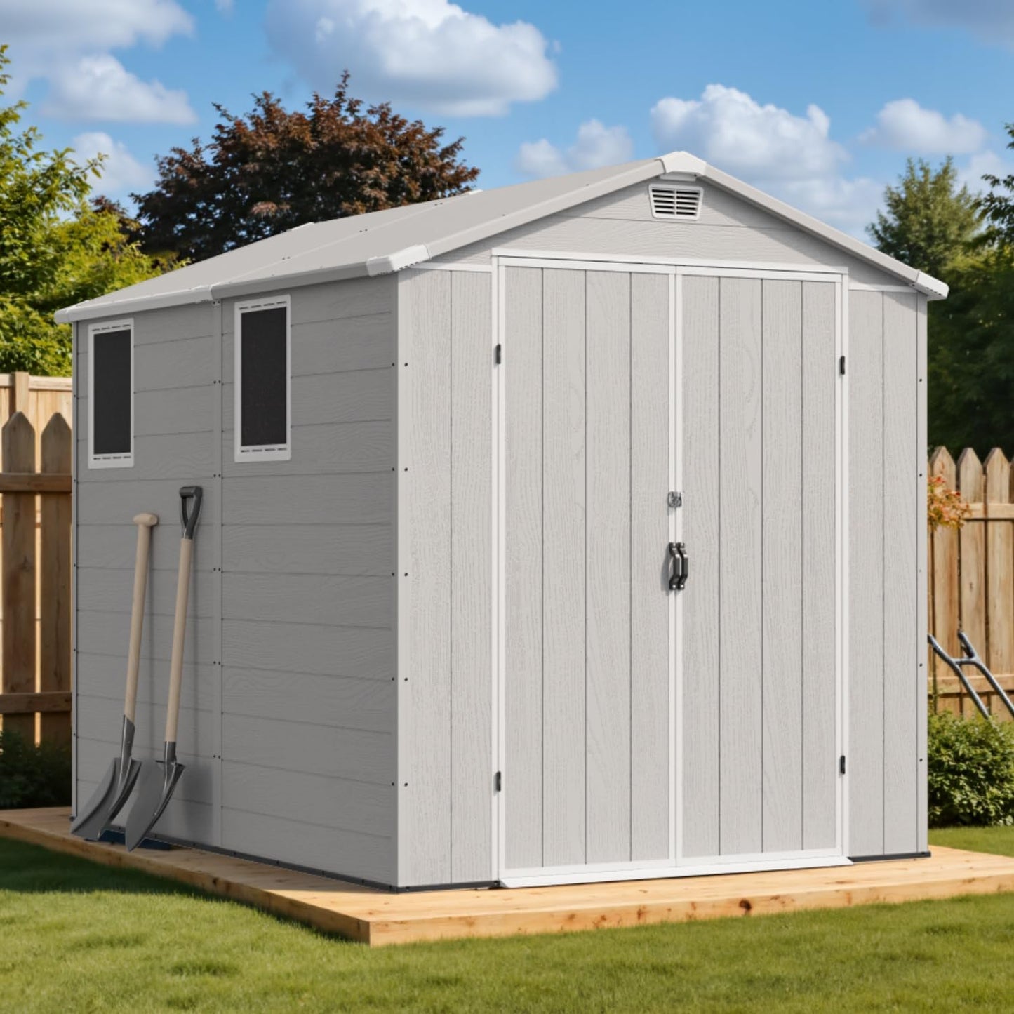 Devoko 6x8 FT Plastic Storage Shed, Outdoor Resin Garden Shed with Floor, Waterproof Tool Storage Shed with Lockable Door and Window for Patio, Garden, Backyard, Light Gray