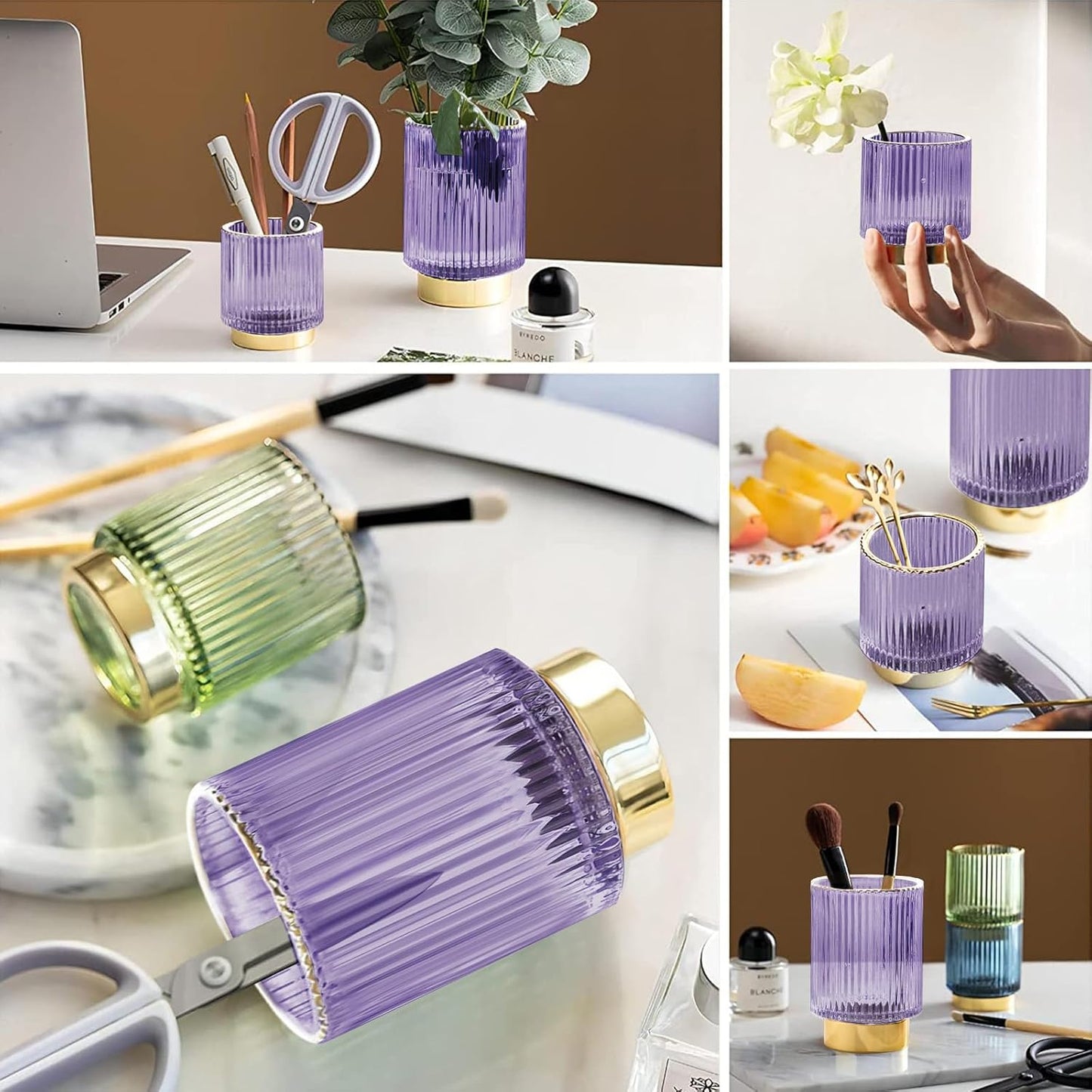 DASITON Makeup Brush holder Organizer,Crystal Cosmetic Makeup Brush Glass Brushes Storage Holder, Vintage Make Up Brush Cup Pen Pencil Holder striped vase(Purple S)