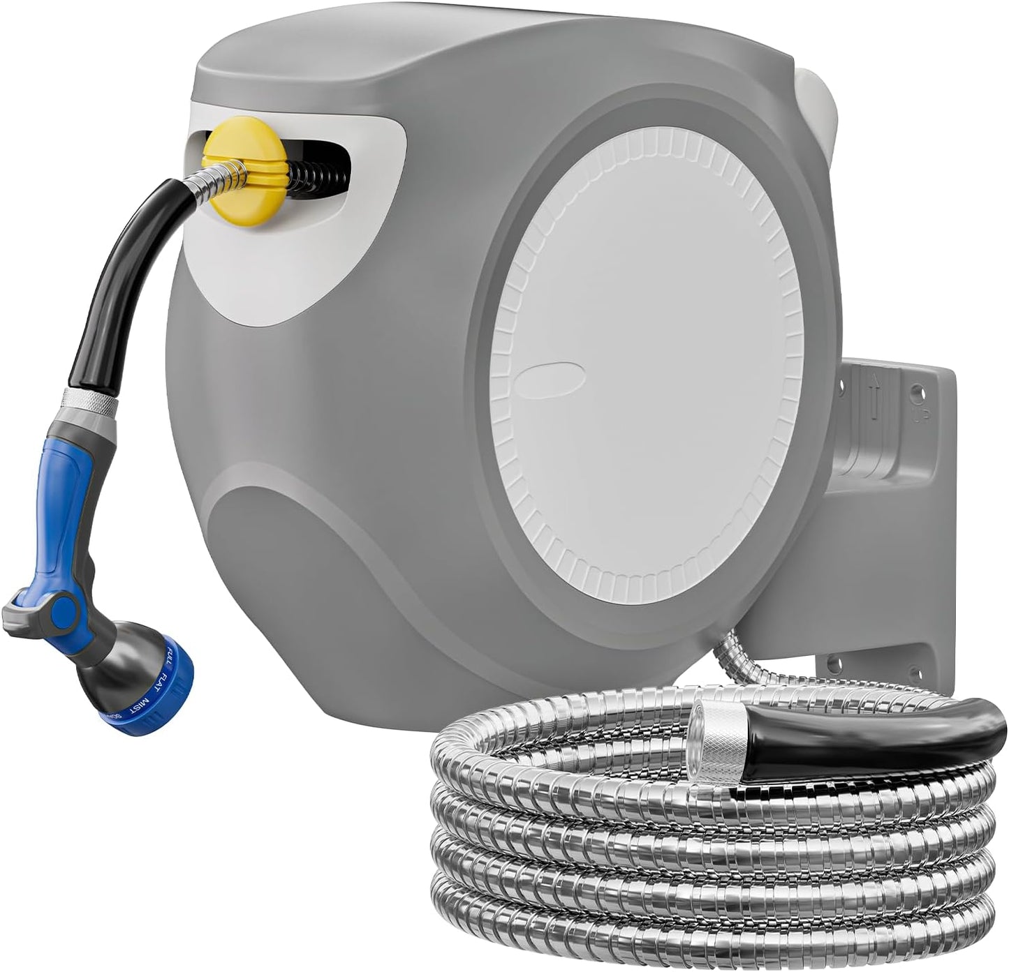 SPECILITE Retractable Garden Hose Reel 100 FT 1/2", 304 Stainless Steel Water Pipe, 3x Life, Leak-Proof, UV & Freeze Resistant, Automatic Rewind & Any Length Lock, Wall Mount Hose Reels for Outside