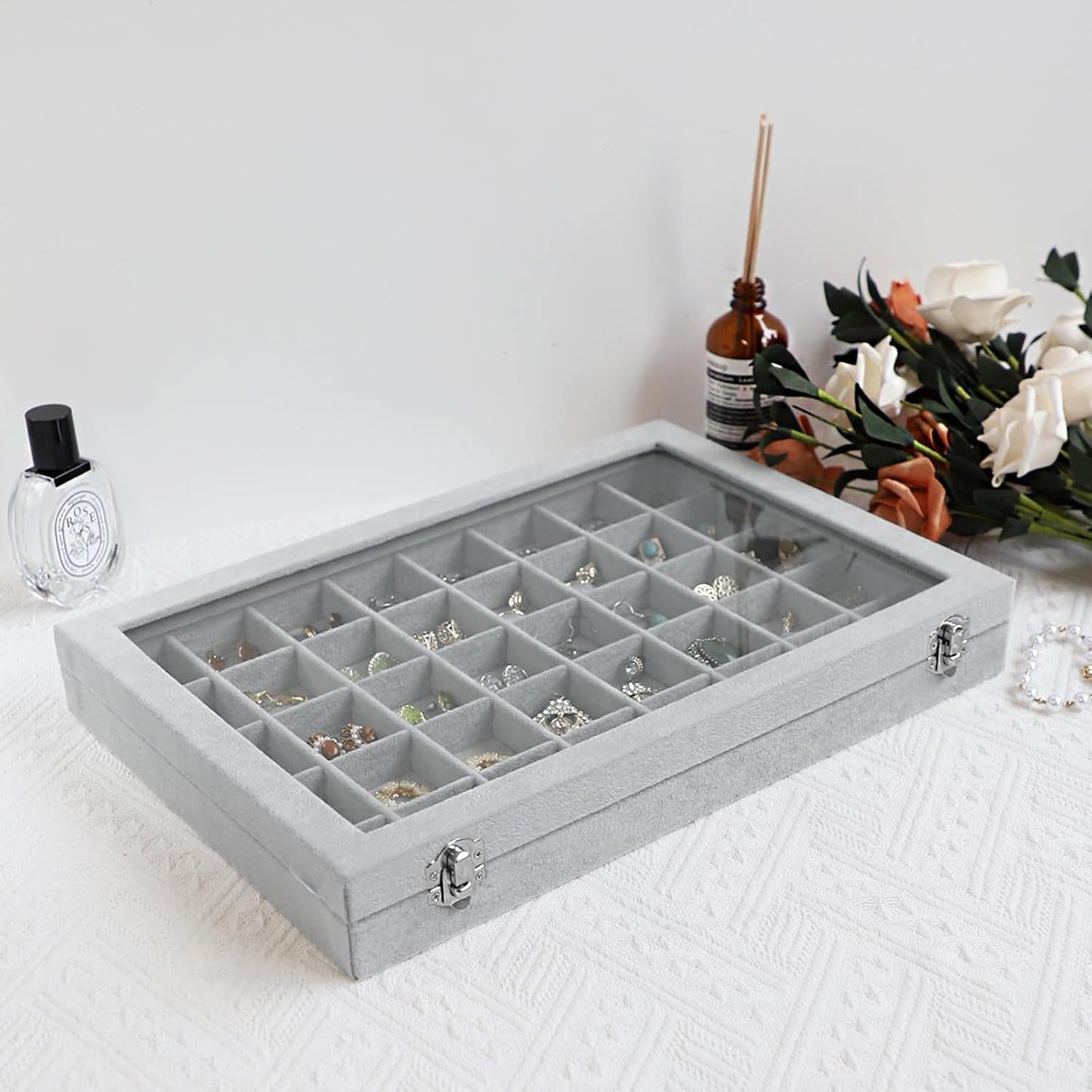 Wudygirl Jewelry Organizer Velvet Jewelry Box 40 Grid Earring Holder Organizer with Lid Ring Holder Ring Display Case Adjustable (Gray)