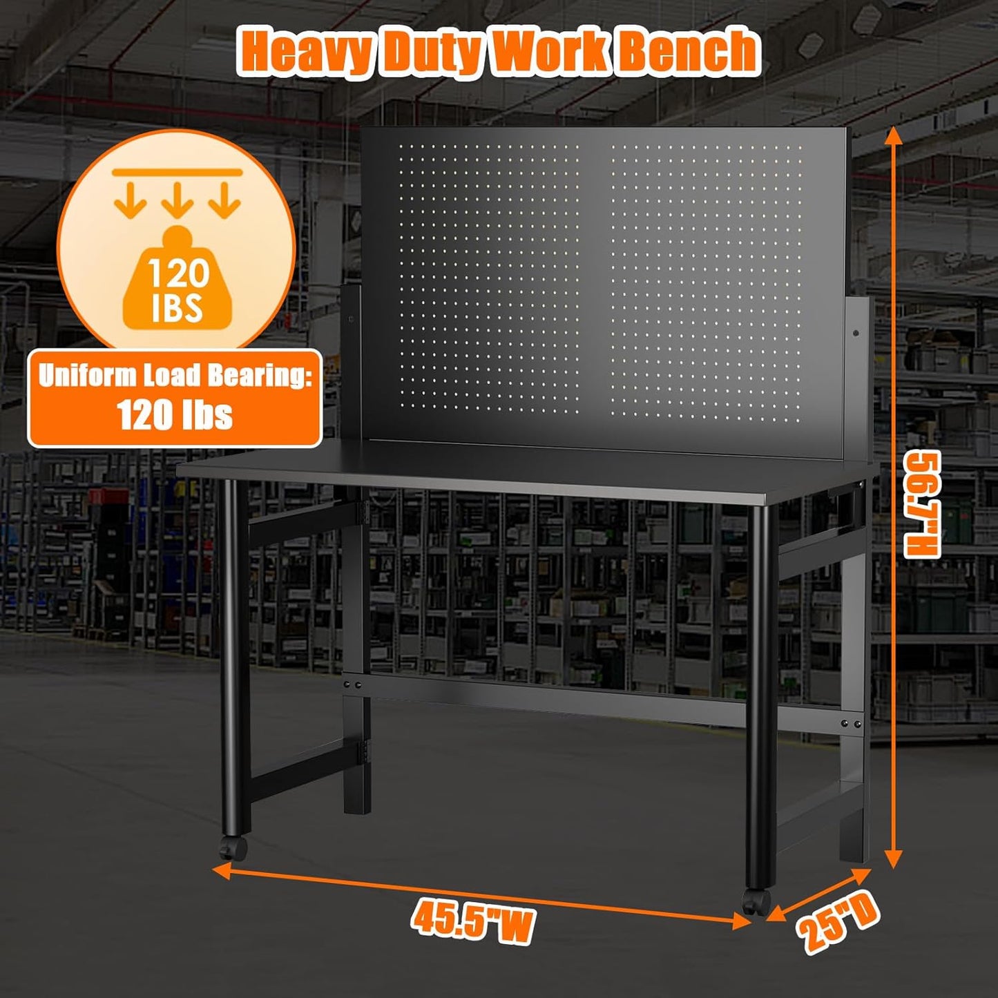 Work Bench for Garage, 45.5" Heavy Duty Workbench with Pegboard, Foldable Steel Work Table with Wheels for Woodworking Shop Garage Home Office Warehouse, Easy Assembly
