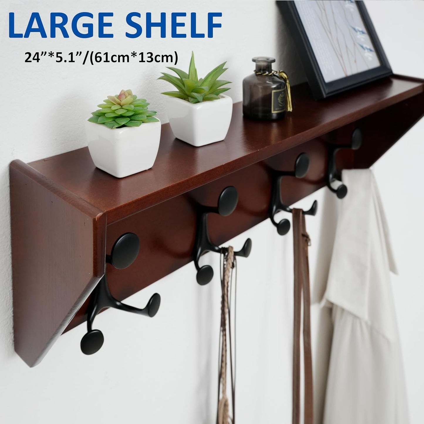 WEBI Wall Shelf with Hooks Underneath,24” Long Wall Mounted Coat Rack with Shelf,Entryway Coat Rack with 4 Triple Hooks for Hanging Coats,Jacket,Hallway,Bedroom,Mudroom,Cherry
