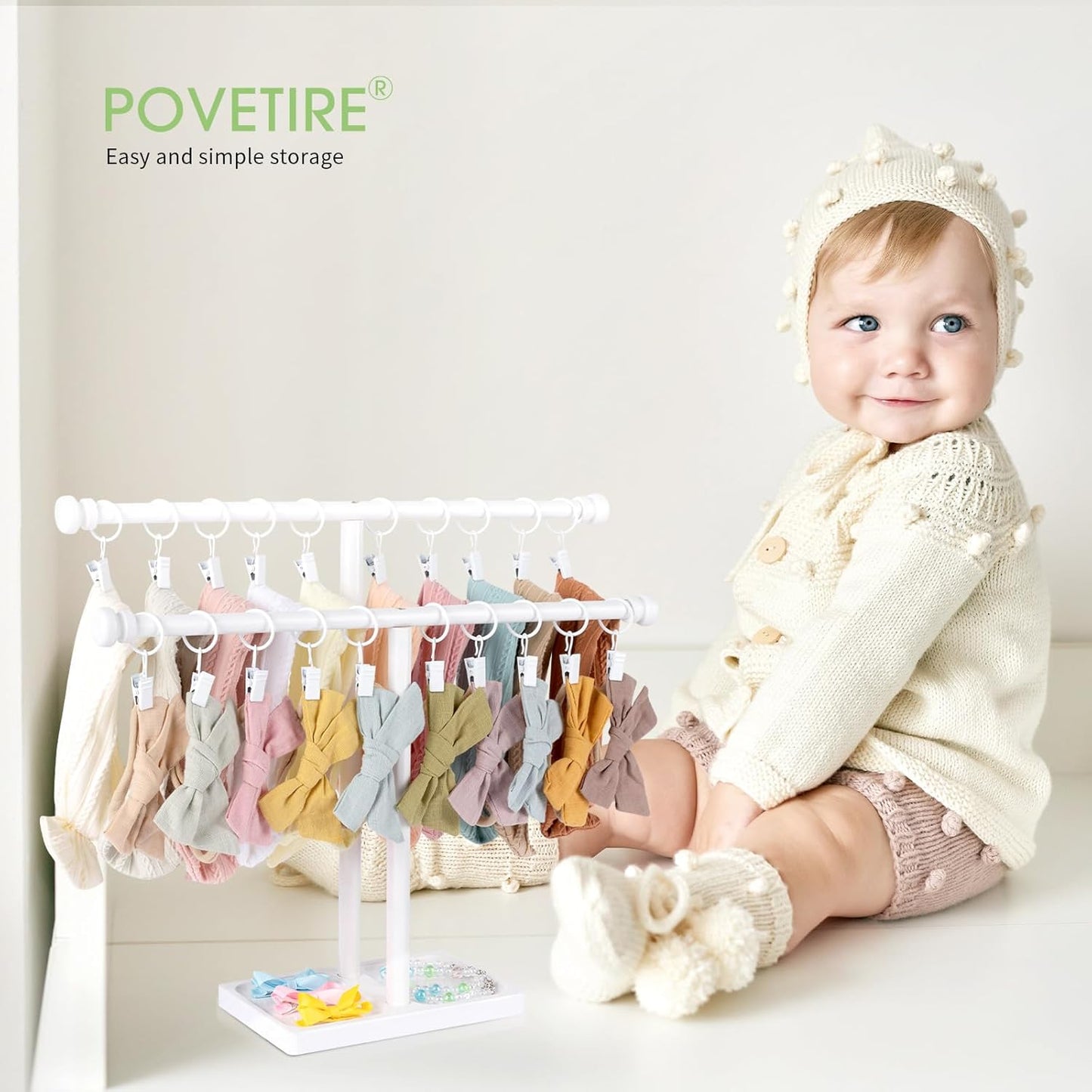 POVETIRE Headband Holder Stand Storage for Baby, 2 Tier Wooden Bow Organizer for Girls Hair Bows, Infant Hair Accessories Rack Display for Nursery Decor