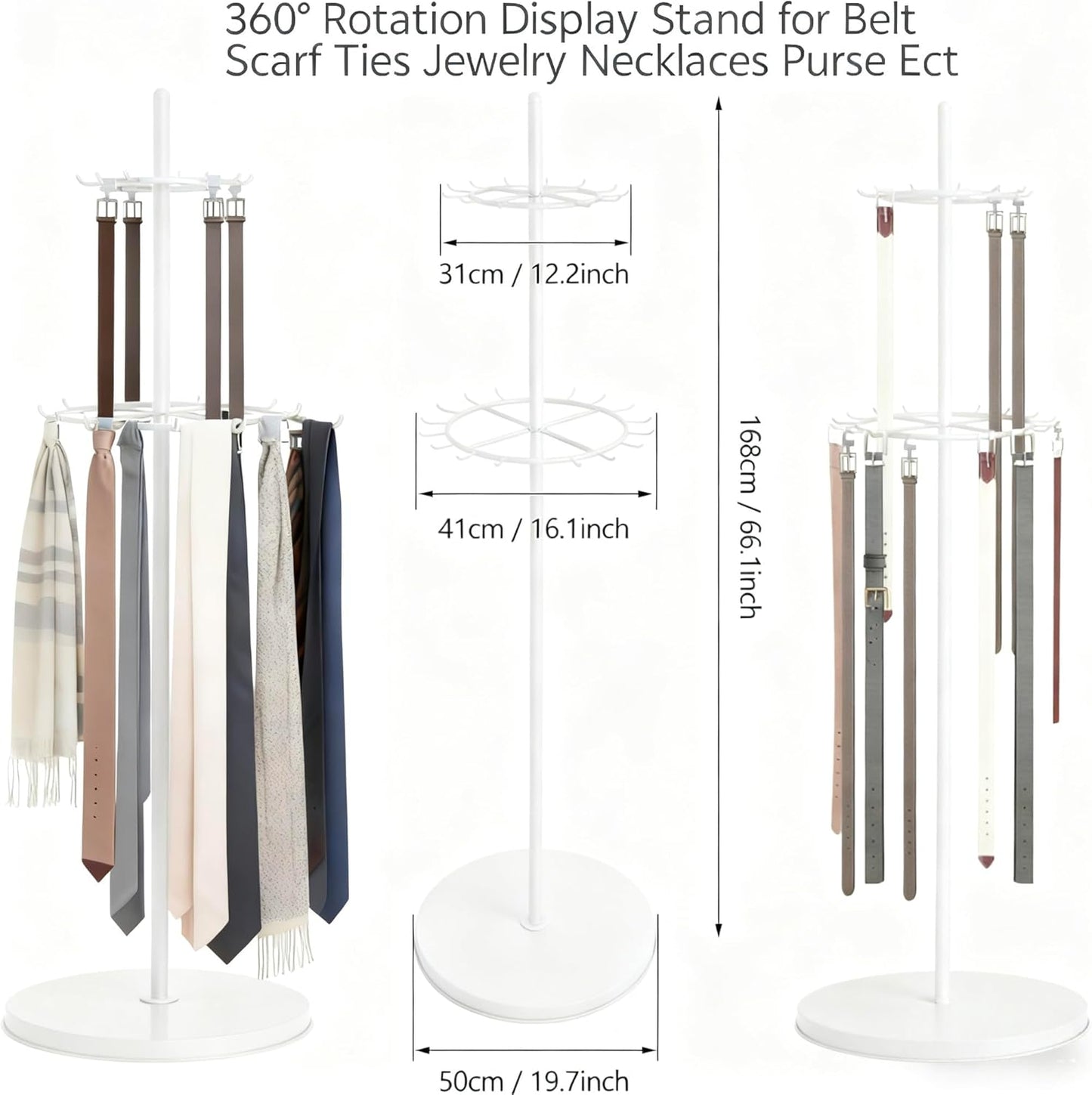 White Belt Display Scarf &Ties Rack Stand, 360° Rotation Floor Mounted Belt Hanger, Metal Men Closet Belt Organizer Holder Jewelry Necklaces Purse Hanger Shelf for Clothing Store Retail & Home