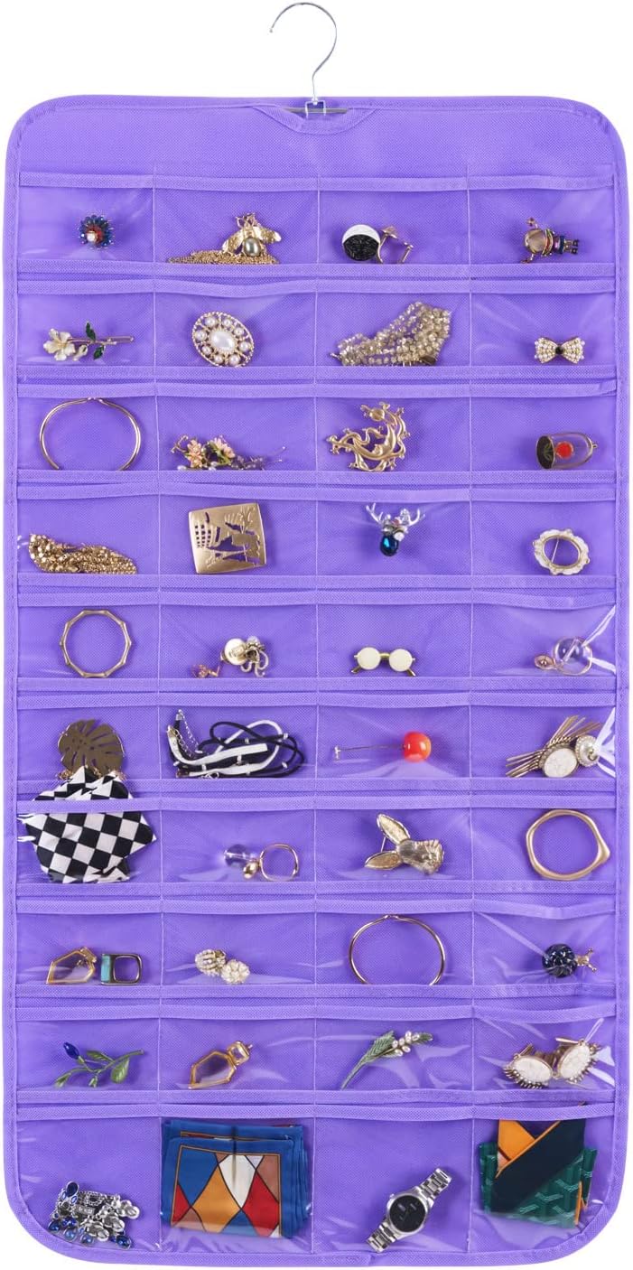 Bloss Hanging Jewelry Organizer, 80 Pockets Dual Sides Wall Jewelry Organizer Storage Dorm Room Essentials for Girls Necklace Organize And Earring Holder Hang on Closet/Door (Purple)