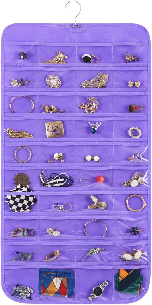 Bloss Hanging Jewelry Organizer, 80 Pockets Dual Sides Wall Jewelry Organizer Storage Dorm Room Essentials for Girls Necklace Organize And Earring Holder Hang on Closet/Door (Purple)