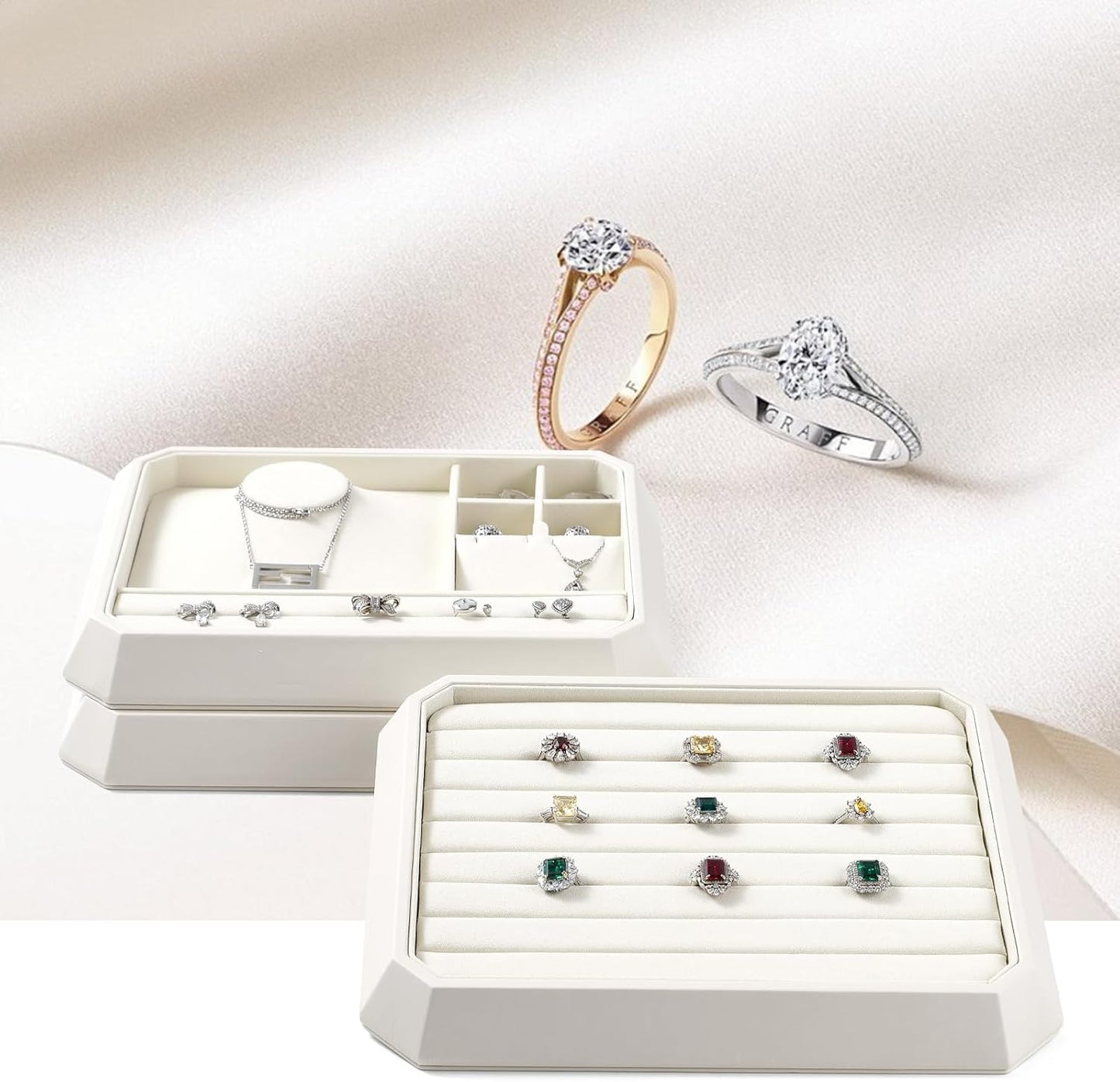 Premium PU Leather Stackable Jewelry Ring Display Tray Ring Earring Display Holder Organizer Showcase(Beige)