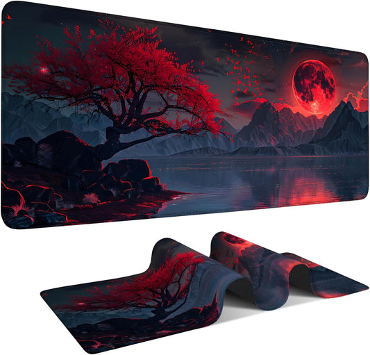 Large Mouse Pad, Red Moon Landscape Desk Mat, Extended Gaming Mouse Pad with Non-Slip Rubber Base, Thick 3mm Smooth Surface Keyboard Mat for Office & Home,35.5 x 15.8 in