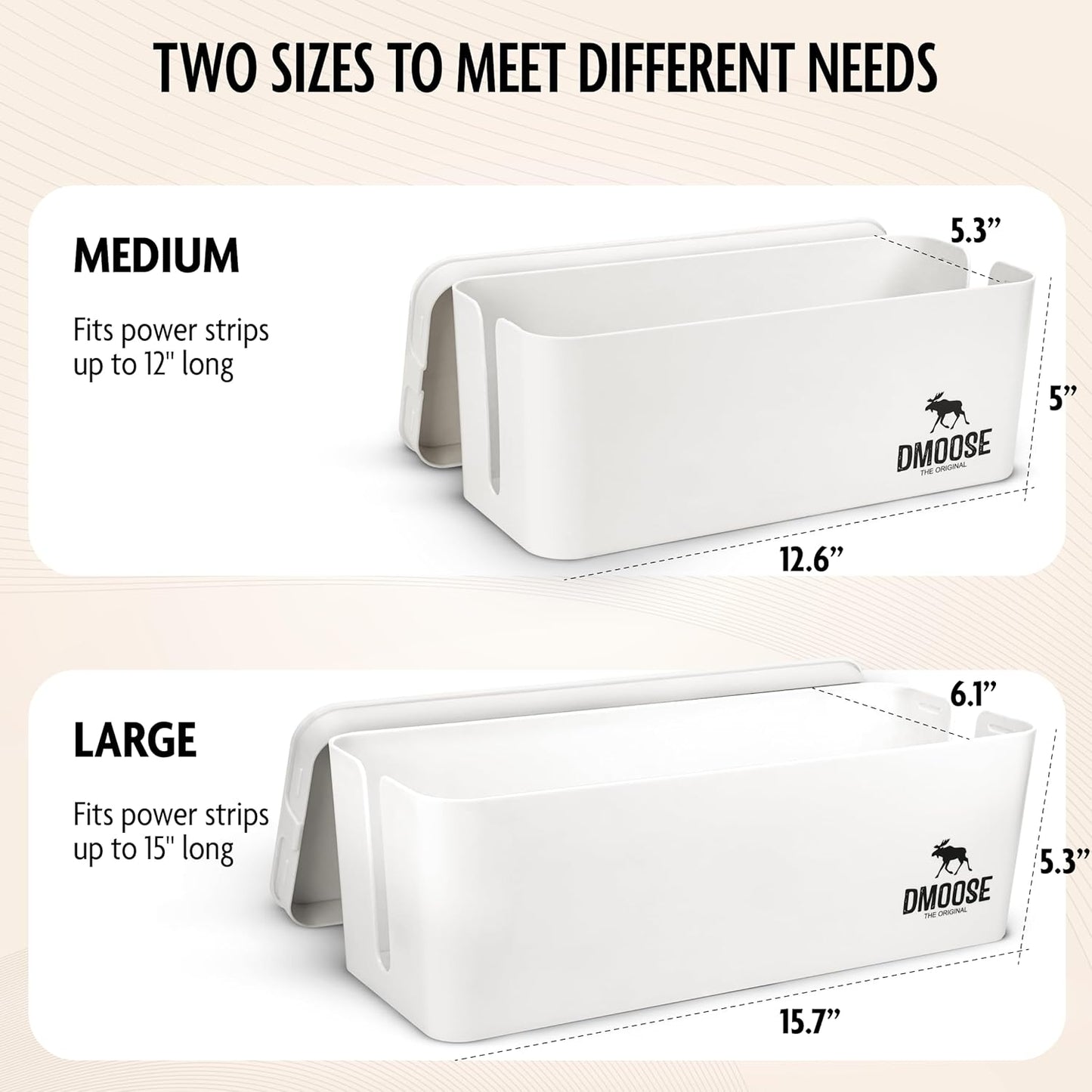 DMoose Cable Management Box - 2 Pack Medium & Large Cord Organizer for Desk & Floor - Cable Organizer Box for Child & Pet - Cable Box Hider for Tidy Office & Home, Power Strip Cover (White, Pack of 2)