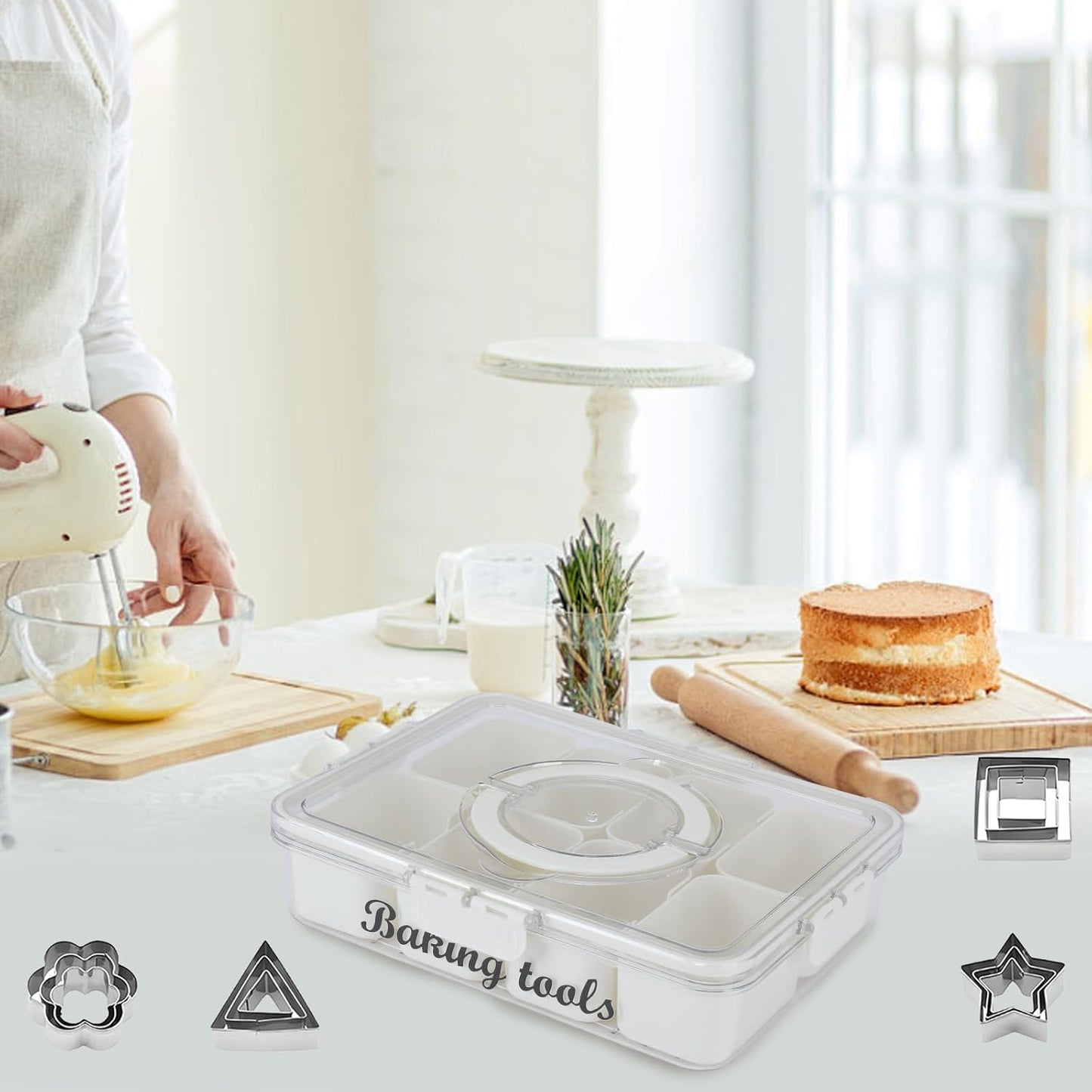 Cookie Cutter Tool Storage Box,Cake Decorating Supplies Accessories Bins,Cookie Cutter Storage with Mold,Transparent Dustproof Lid,Biscuits Cutters Organizer Storage with 8 Compartment