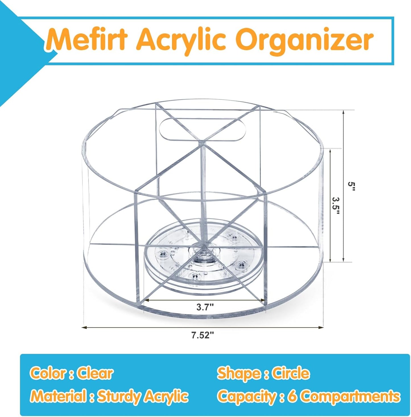 Acrylic Pen Holder, 360 Degree Rotating Pen Organizer, Rotating Desk Acrylic Office Organizer with 6 Compartments, Marker Organizer for Kid, Crayon Caddy School Art Supply Storage Organizer