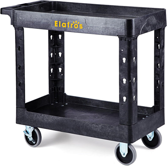 ELAFROS Heavy Duty Plastic Utility Cart 34 x 17 Inch - Work Cart Tub Storage W/Deep Shelves and 2 Fixed 2 Swivel Wheels Safely Holds up to 550 lbs - 2 Tier Service Cart for Warehouse,Garage, Black