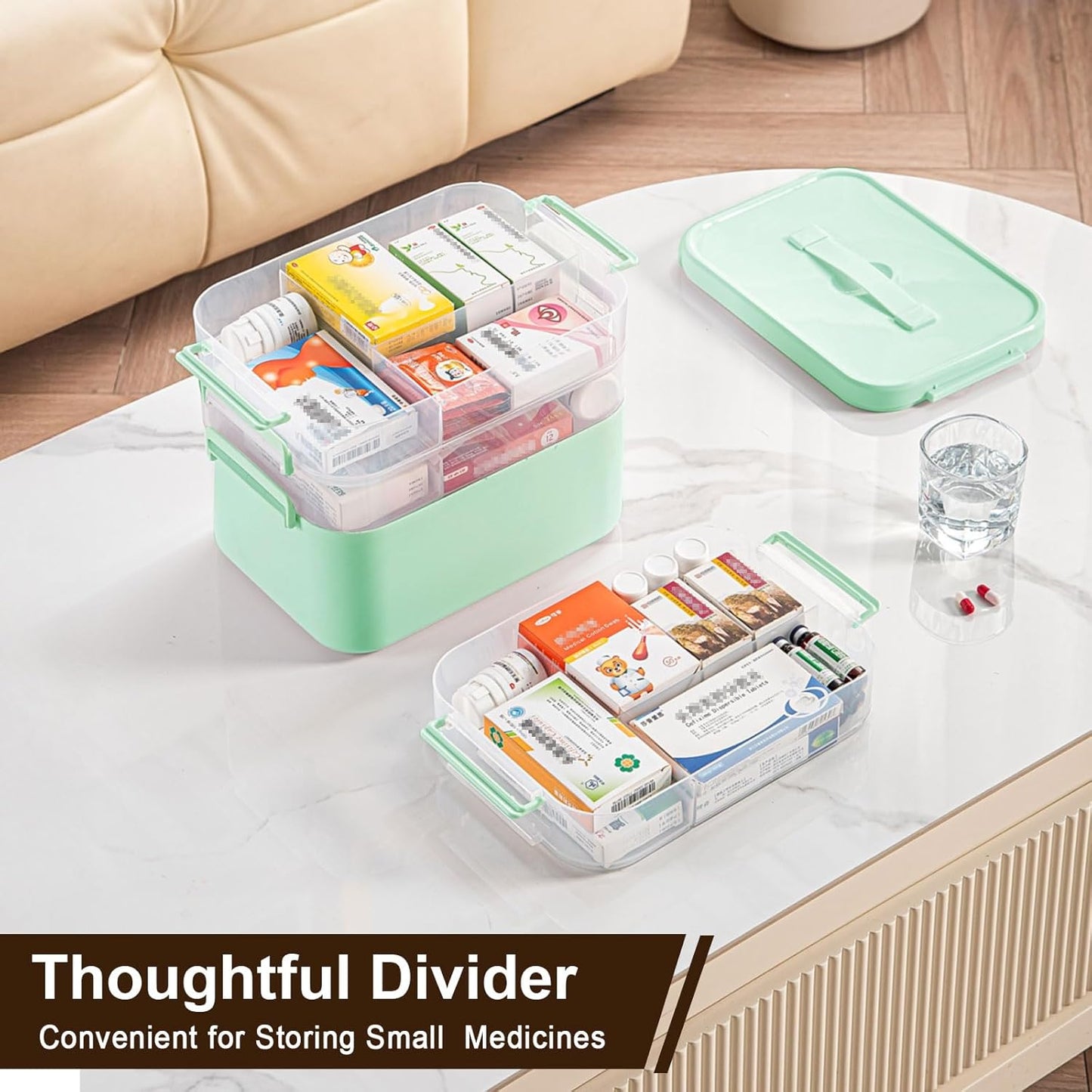 4-Tier Portable Medicine Cabinet Organizer, Large Medicine Storage Box with Handle, Plastic First Aid Box Empty, Multipurpose Medical Supply Organizer, Medication Storage with 3 Removable Tray (Green)