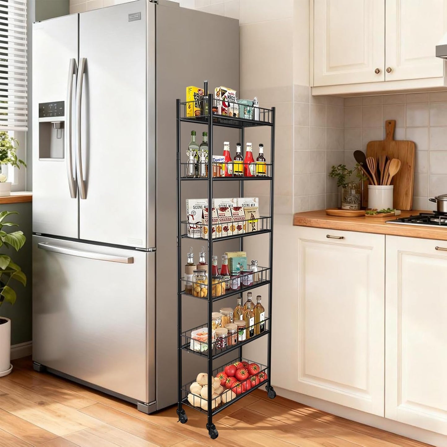 Utility Slim Storage Cart,6 Tier Narrow Kitchen Storage Cart,Laundry Room Carts,for Kitchen,DiningRoom,Living Room,Home Office,Rustic Brown and Classic (6 Tier Black)