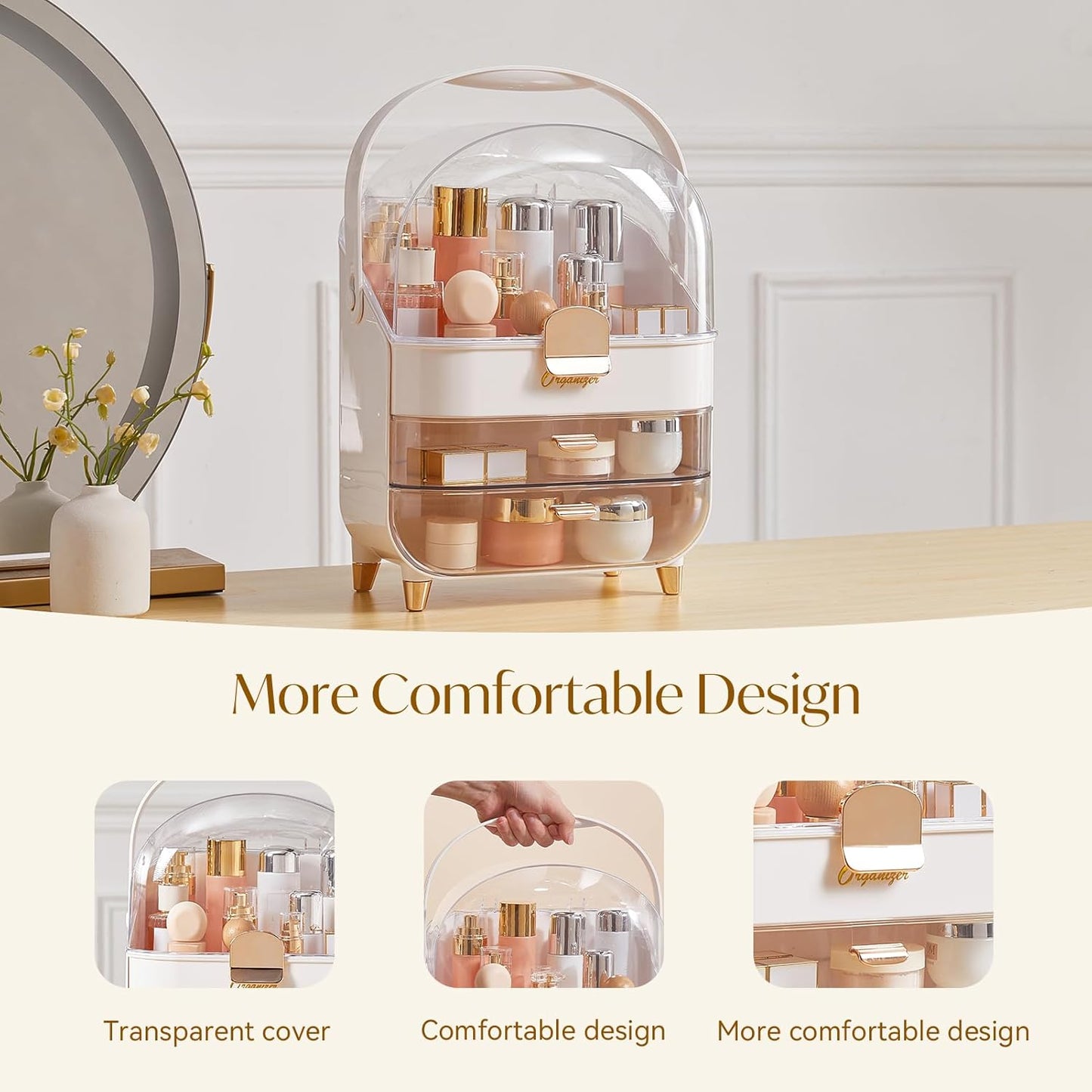 Makeup Organizers, Make Up Organizer for Vanity, Countertop Cosmetic Storage with Drawers and Transparent Cover for Bedroom Bathroom, Pearl White