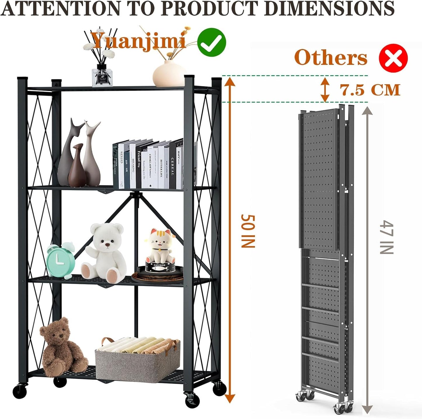 4 Tier Foldable Storage Shelf with Wheels, Heavy Duty Folding Shelf Loads 600 LBS, Metal Steel Collapsible Shelves, Rolling Standing Utility Rack for Kitchen, Pantry, Office, Black