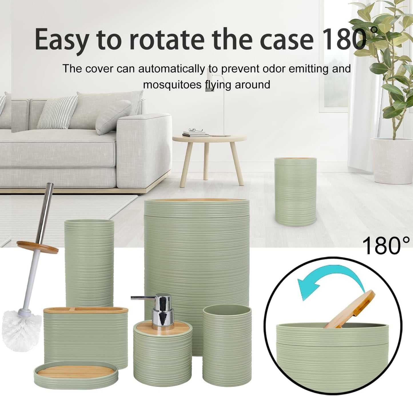 CERBIOR Bathroom Accessories Set 6 Piece Bamboo Bath Ensemble Includes Soap Dispenser, Toothbrush Holder, Toothbrush Cup, Soap Dish for Decorative Countertop and Housewarming Gift, Sriral Green