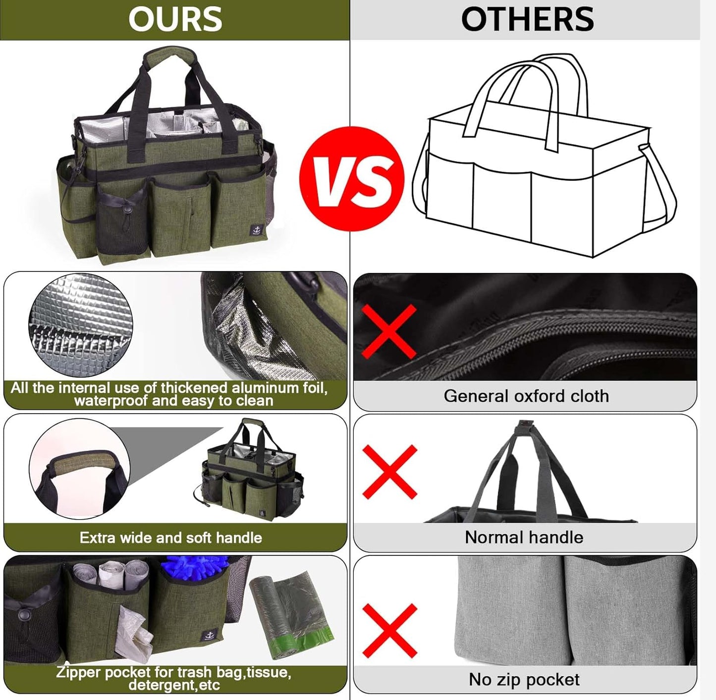 Large Cleaning Caddy Bag Built-in Sturdy Support Board, Cleaning Organizer with Detachable Divider, Cleaning Supply Tote with Adjustable Shoulder Strap&Waist Belt for Cleaners & Housekeeper