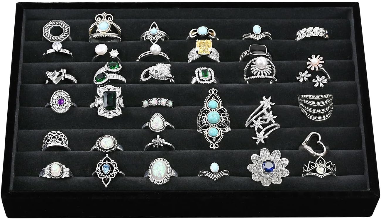 MOOCA 2 Pcs Set Ring Tray Display, Ring Showcase Display Jewelry Organizer Stand, Jewelry Holder for Showcase for Home Trade Show, Black Velvet