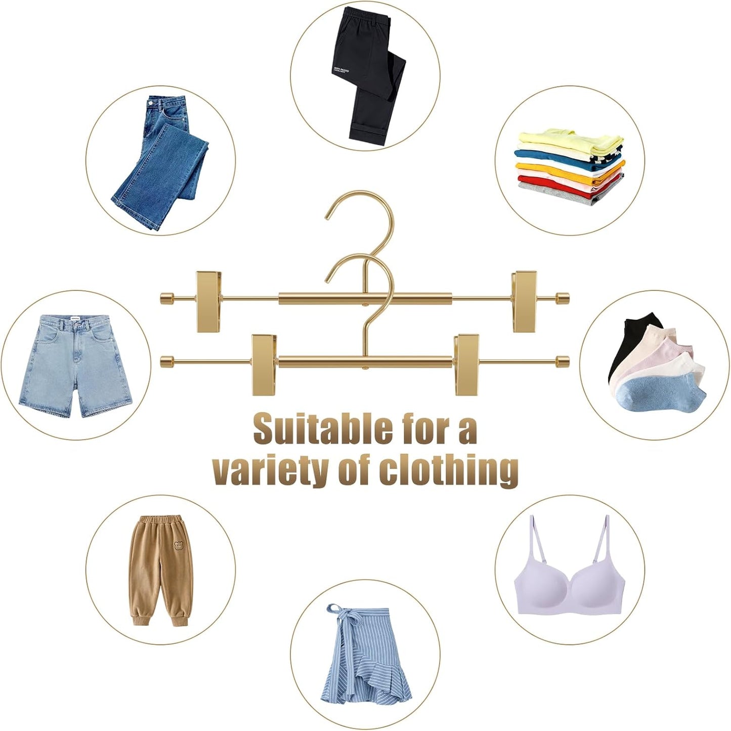 VWV 10-Pack Adjustable Women's Skirt and Pants Hangers, Durable, Space-Saving, Suitable for Jeans, Shorts, Underwear, Sports Bras (Gold)