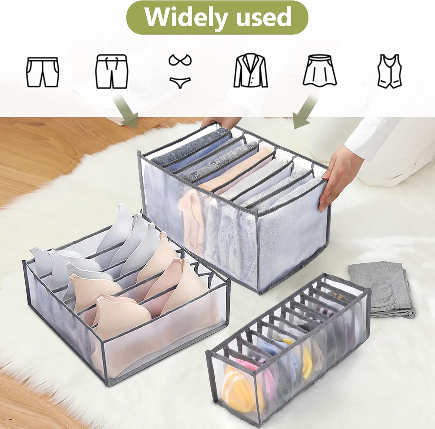 TOOVREN Wardrobe Clothes Organizer 7 Grids, Folded Clothes Organizer for Closet, Clothing Storage Bins,Washable Foldable Drawer Clothes Compartment Storage Box for Closet Bedroom Dorm Room (Gray,2PCS)