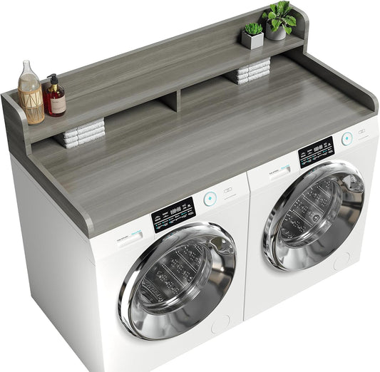 2-Tier Washer Dryer Countertop with 2.75" H Edge Rails, 58" W x 28" D Laundry Countertop for Folding Clothes, Washer and Dryer Topper with Non-Slip Pad (Stripe Gray)