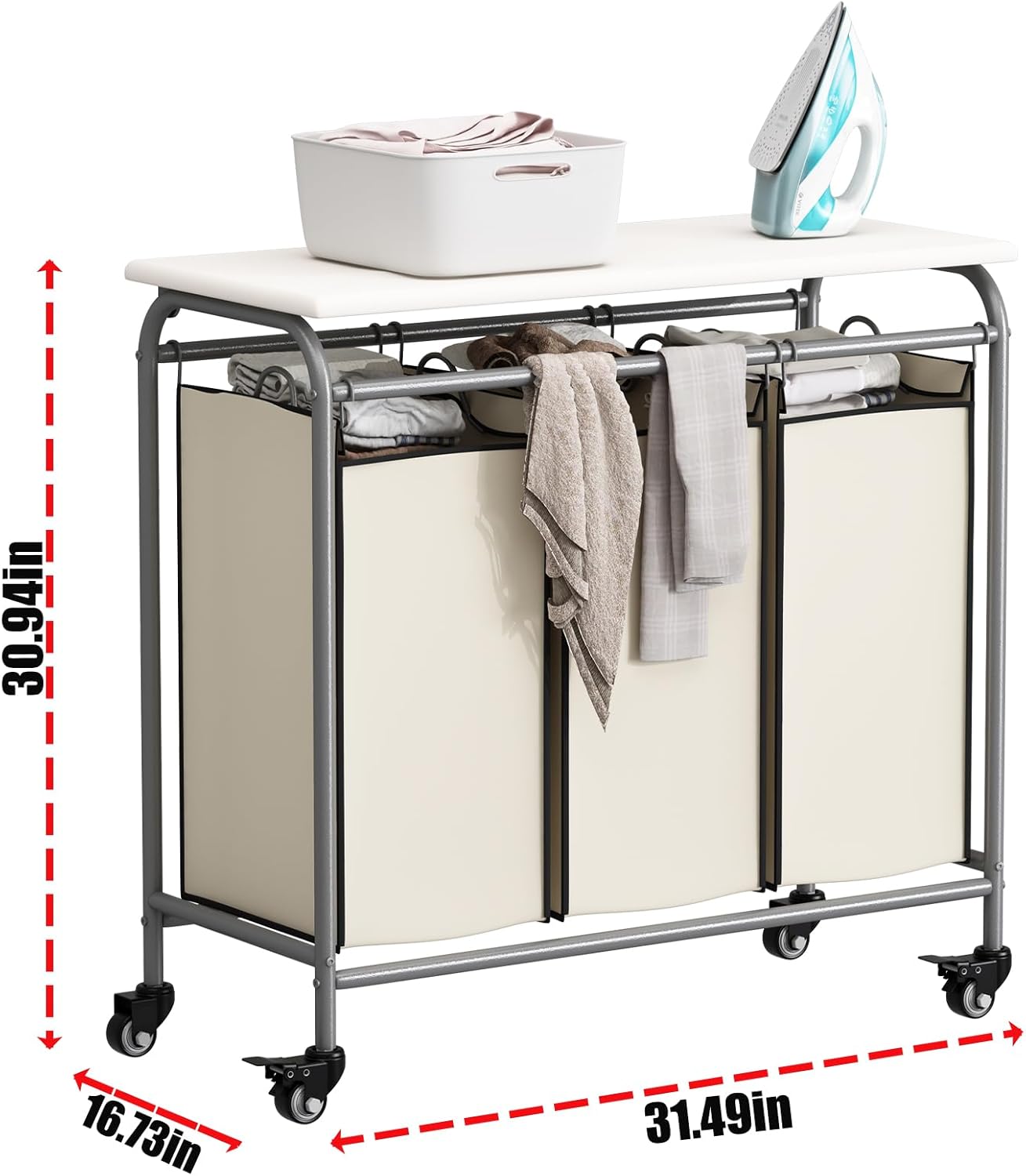 LINZINAR 3 Bag Laundry Basket Sorter Heavy Duty Rolling Lockable Wheels Laundry Hamper Cart with Ironing Board and Removable Bags, Beige