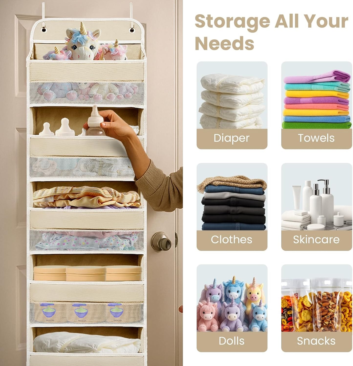 Over The Door Organizer with 8 Side Mesh Pockets, 44lb Weight Capacity Hanging Behind The Door Bathroom Organizers and Storage Suitable for Storing Toys, Shoes, Towels, Lvoy White, 5 Shelf