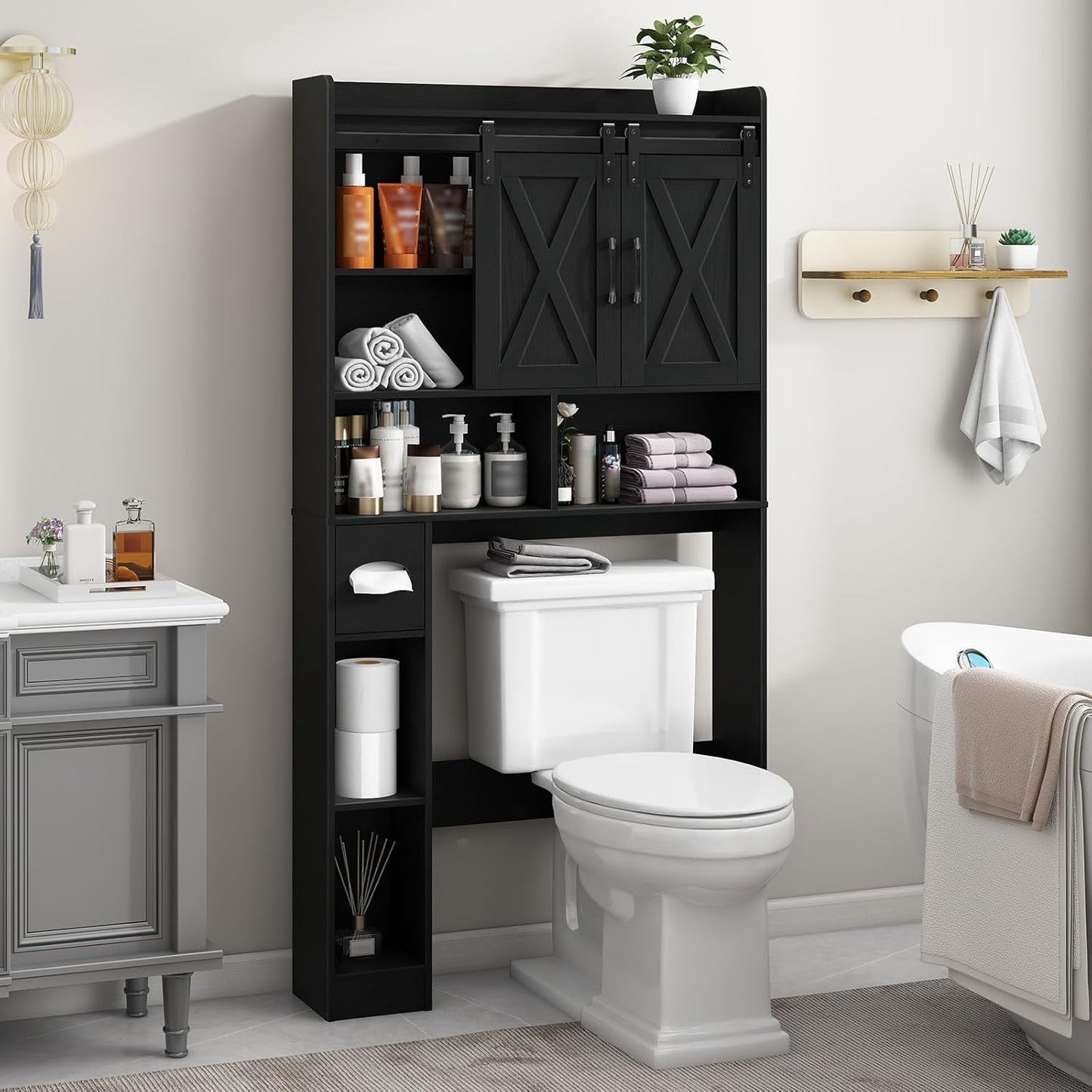 Vabches Over The Toilet Storage Cabinet, Farmhouse Storage Cabinet Over Toilet with Sliding Doors & Toilet Paper Holder Stand，Home Space-Saving Toilet Rack, for Bathroom, Laundry and Restroom.Black