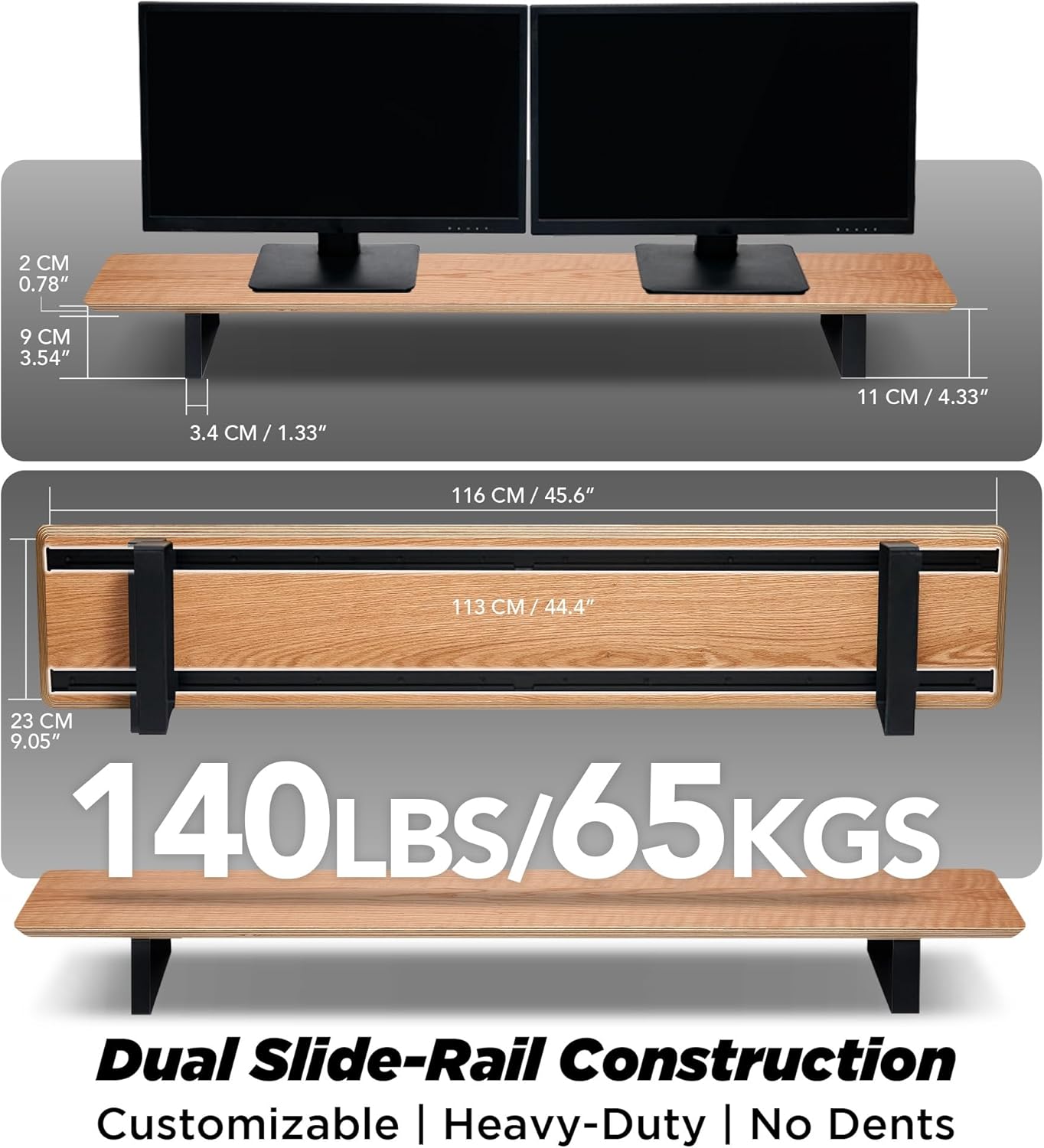Moodular Wooden Monitor Stand 45.6” (116cm) Large Desk Organizer with Metal Slide Rails for Drawer, Tray, Laptop, Tablet, Phone & Headphones Customizable Riser for Organized Workspace Oak