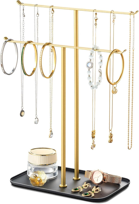 pickpiff Necklace Holder Jewelry Organizer Stand – 2‑Tier T‑Bar Jewelry Display Tree with Tray for Countertop Necklace Bracelet Earring Storage, Vanity Dresser Bathroom Sink, Black-Gold