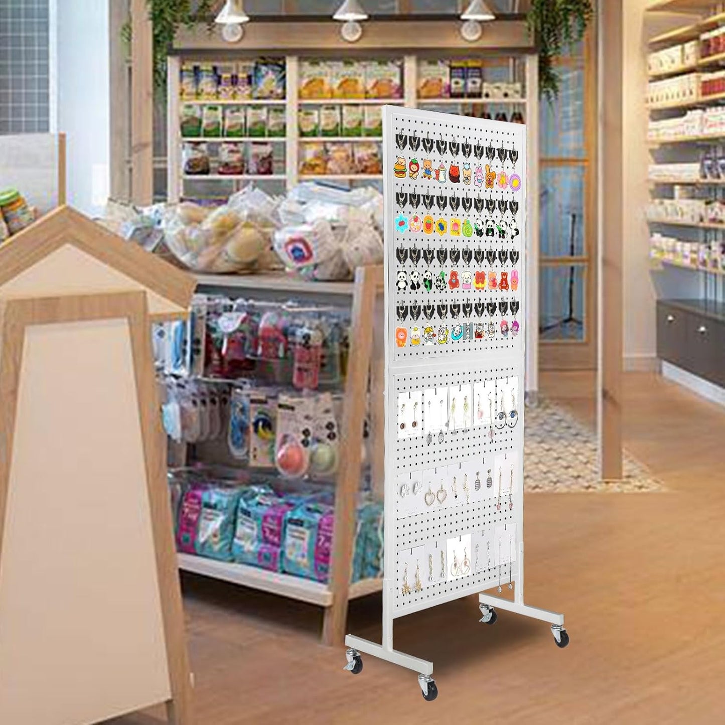 2'x 5' Standing Pegboard Display with T-Base, Pegboard Display Stand with Wheels, Metal Peg Board Display Rack, Art Display Stand, Extra 10 Pieces Hooks - White