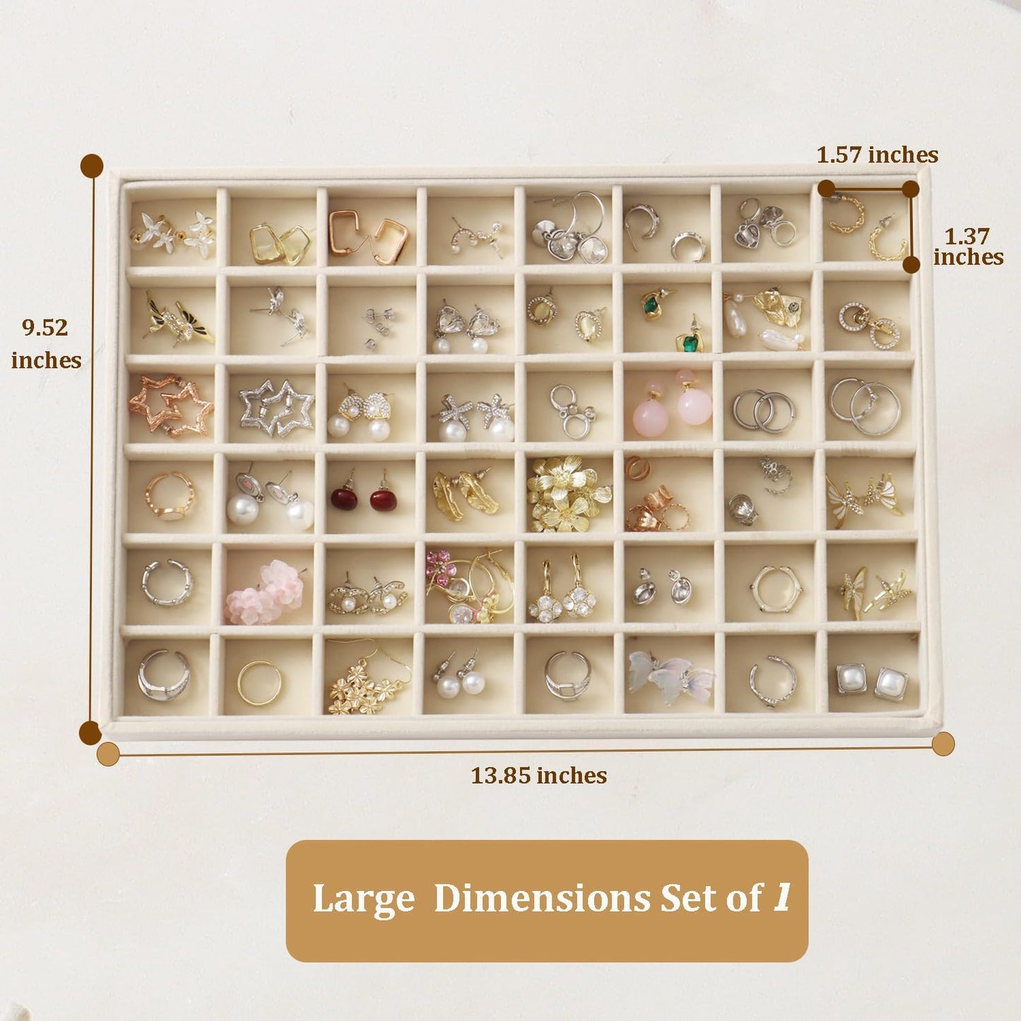 Large Jewelry Organizer for Drawer Insert Velvet Stackable Jewelry Trays for Earring Necklace Bracelet Ring Display (Beige, 48 Grids)