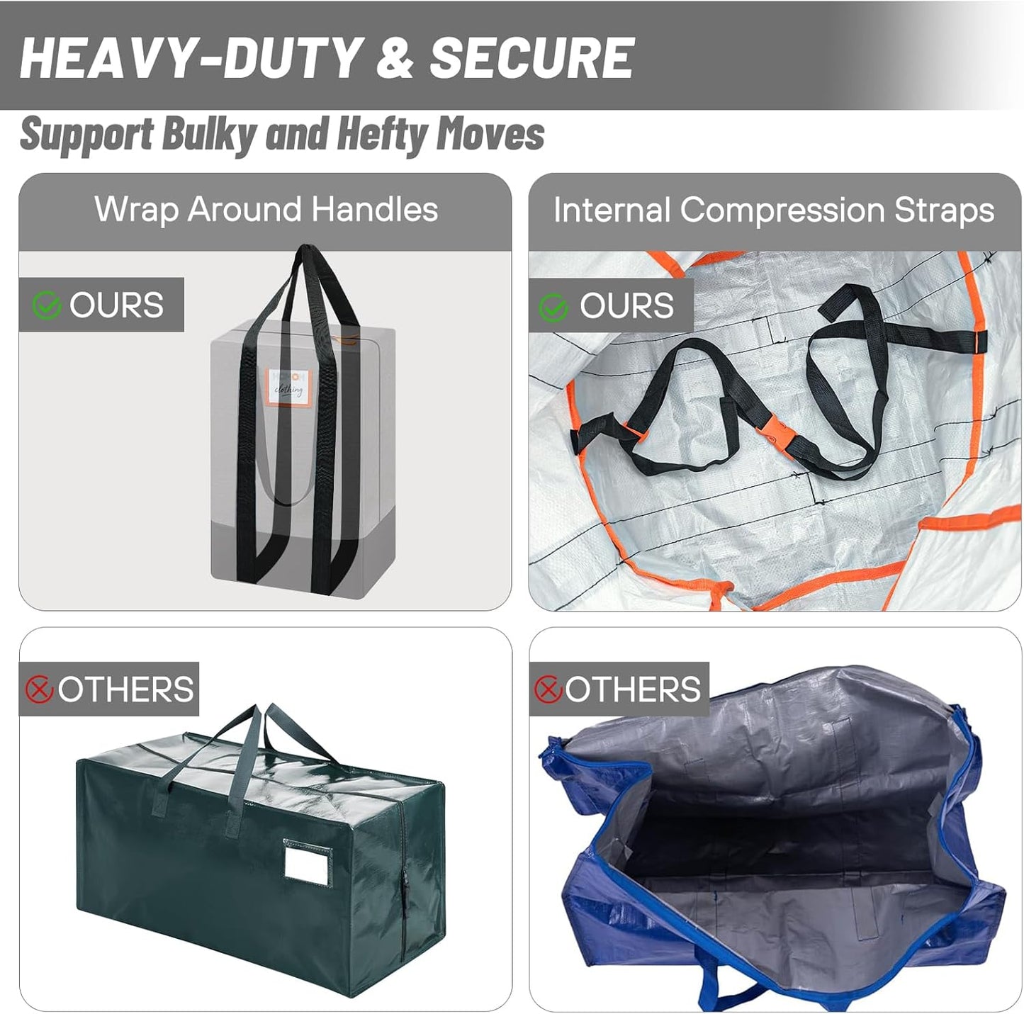 4 Pack Moving Bags Heavy Duty, Storage Bags for Clothes, Large Packing Tote with Wrap Around Handles, Internal Compression Straps, Alternative to Moving Boxes, Grey and Black