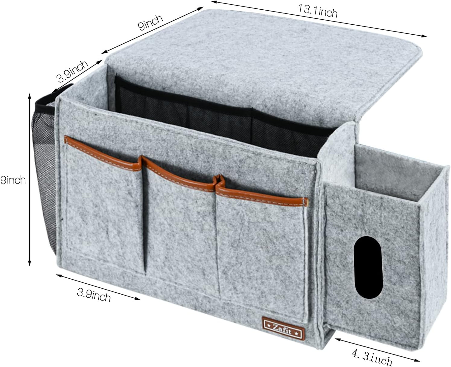 Bedside Caddy, Large Size Bedside Storage Organizer Bedside Organizer Caddy for Magazine Remotes Phone (13.4'' x 18.1'' Tissue box holder, Light Grey)