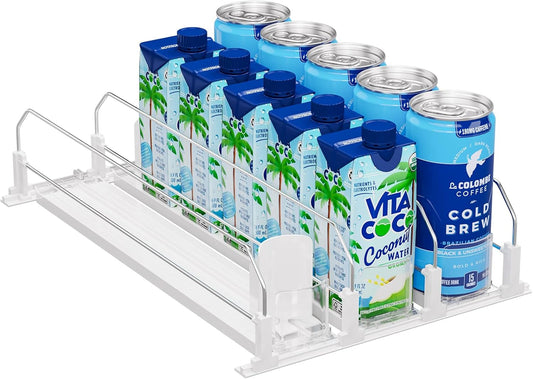 Puricon Drink Organizer for Fridge - Spring Loaded Pusher Glide, Self Pushing Soda Can Dispenser, Beer Bottle Beverage Holder for Refrigerator - 3 Rows, White