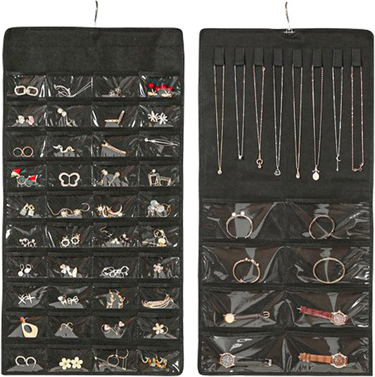 Hanging Jewelry Organizer Storage Earring Jewelry Storage Bag With 48 Pockets Necklace Bracelet Ring Glasses Accessory Display Rack (A48- Black)