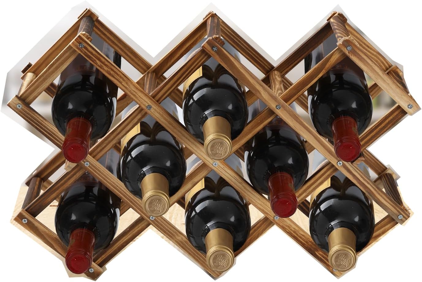 Freestanding Wine Rack, Holds up to 10 Bottles, Foldable Countertop & Cabinet Wine Holder – Wine Rack for Red Wine, Water Bottles, and Drink Storage, No Assembly Required
