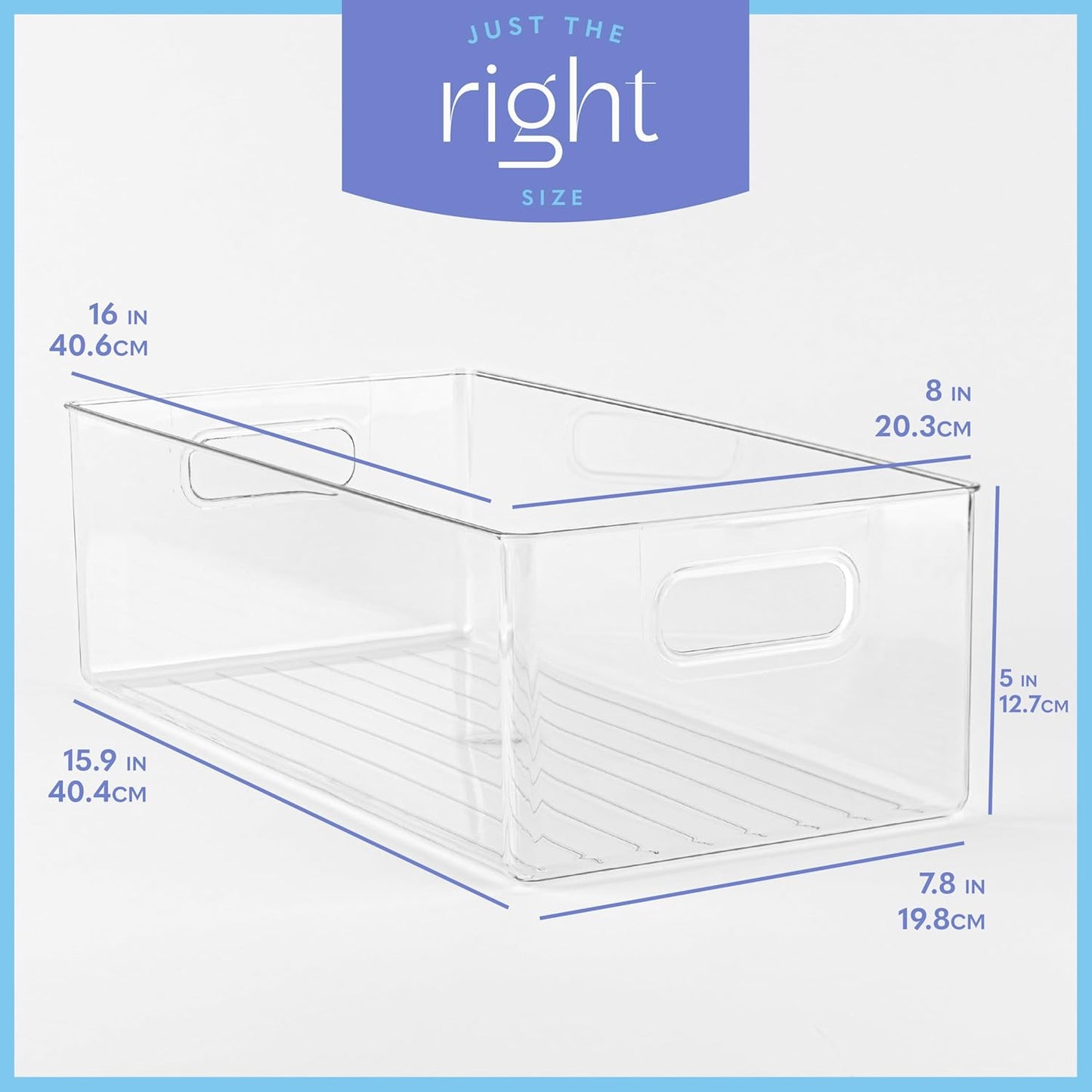 primebox Plastic Food Storage 4 Pack Clear Container Bin with Handles for Organizing Kitchen, Pantry, Refrigerator, Freezer, Pantry, Cabinet, Closet, Bathroom. 16”x8”x5”
