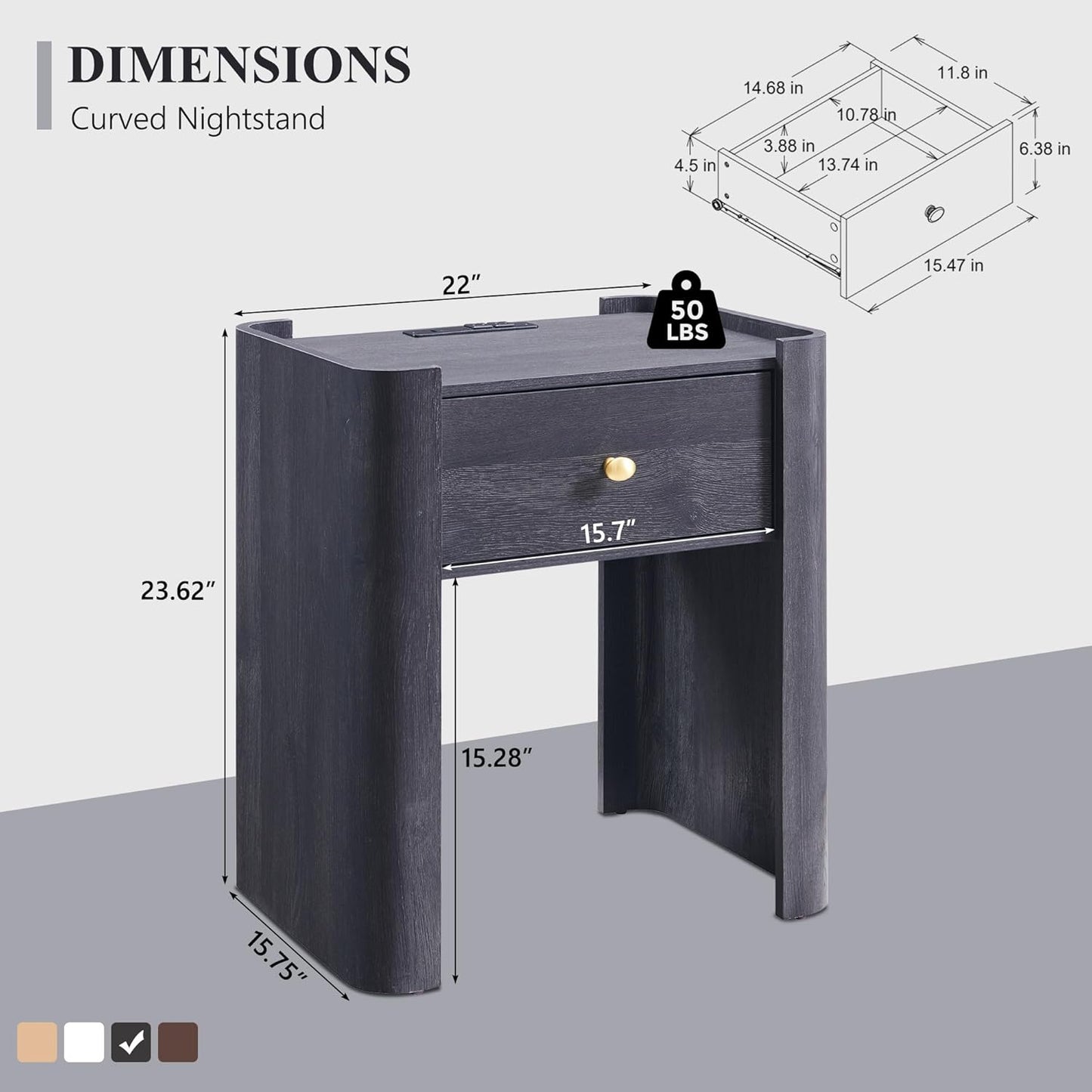 23.6" Tall Modern Nightstand Set of 2, 22" Wide Curved Bedside Table with Charging Station, Wooden Night Stand with 1 Storage Drawer, Large End Table for Bedroom, Living Room, Dark Grey