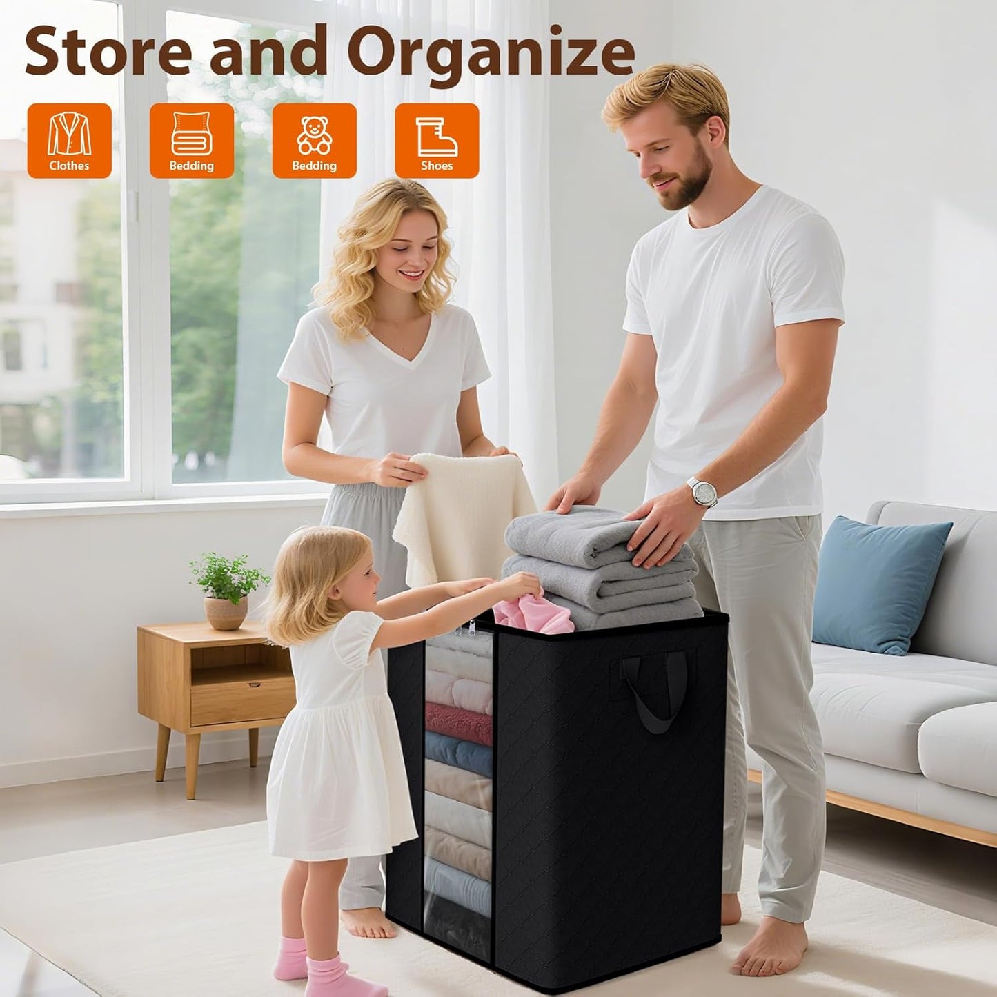 SpaceWhisper 8 Pack 100L Clothes Storage, Foldable Thick Fabric Blanket Storage Bags, Containers for Organizing Bedroom, Closet, Clothing, Comforter,Closet Organization with Handle,Black