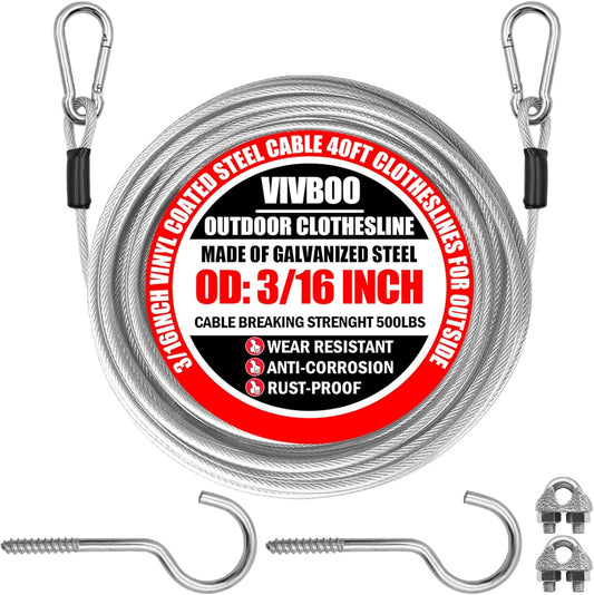 40ft Clothes Line Outdoors 3/16" Wire Ropes Silver PVC Coating Laundry Drying Clothesline with Metal Hooks and Snap Heavy Duty for Umbrella Travel Outside Camping Backyard