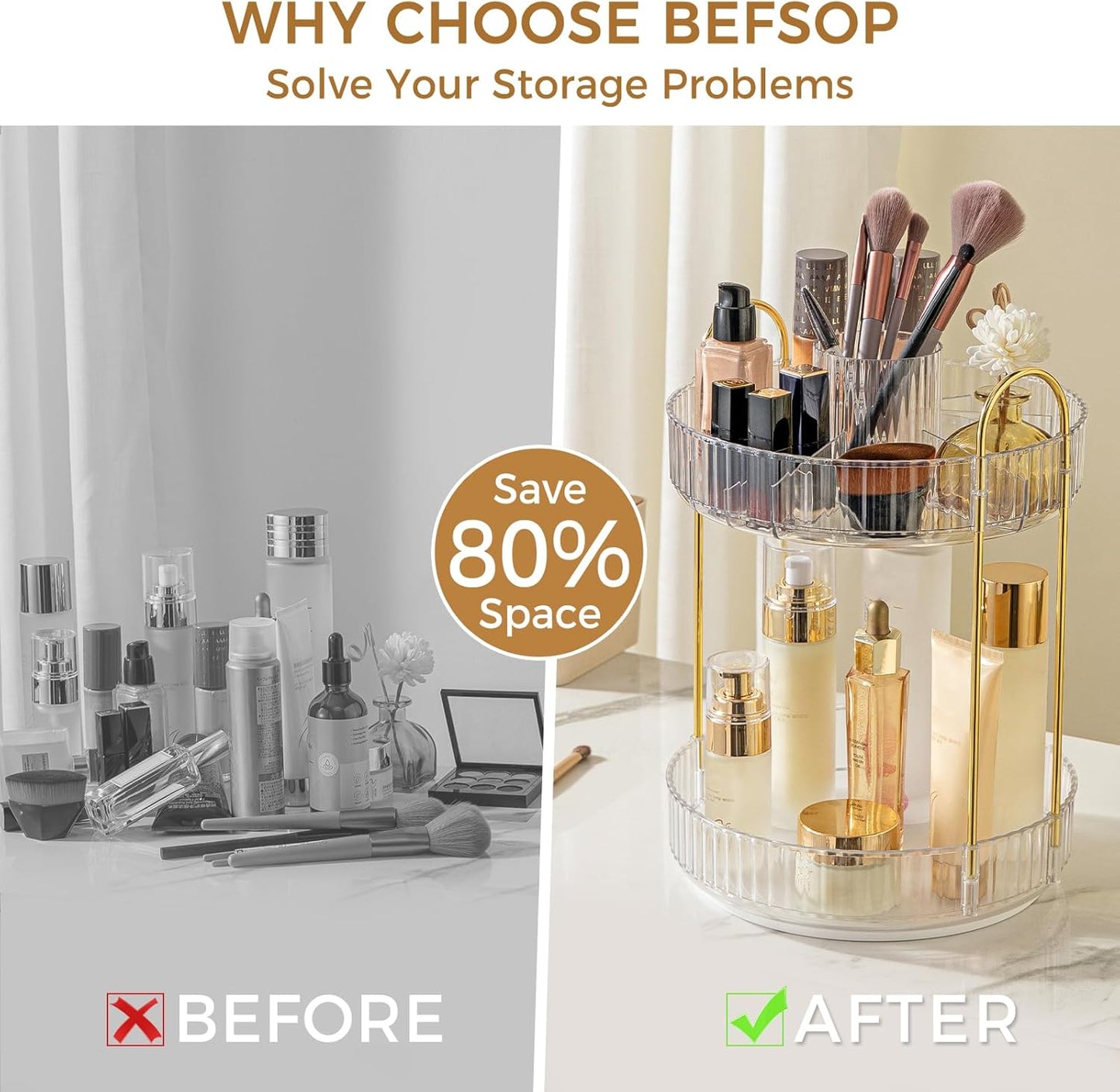 360° Rotating Makeup Organizer, Upgraded 2 Tier Skincare Perfume Organizers for Women, Bathroom Organizer Countertop, Clear Cosmetic Dresser Organizer with Makeup Brush Holder, Sink&Counte (Clear)