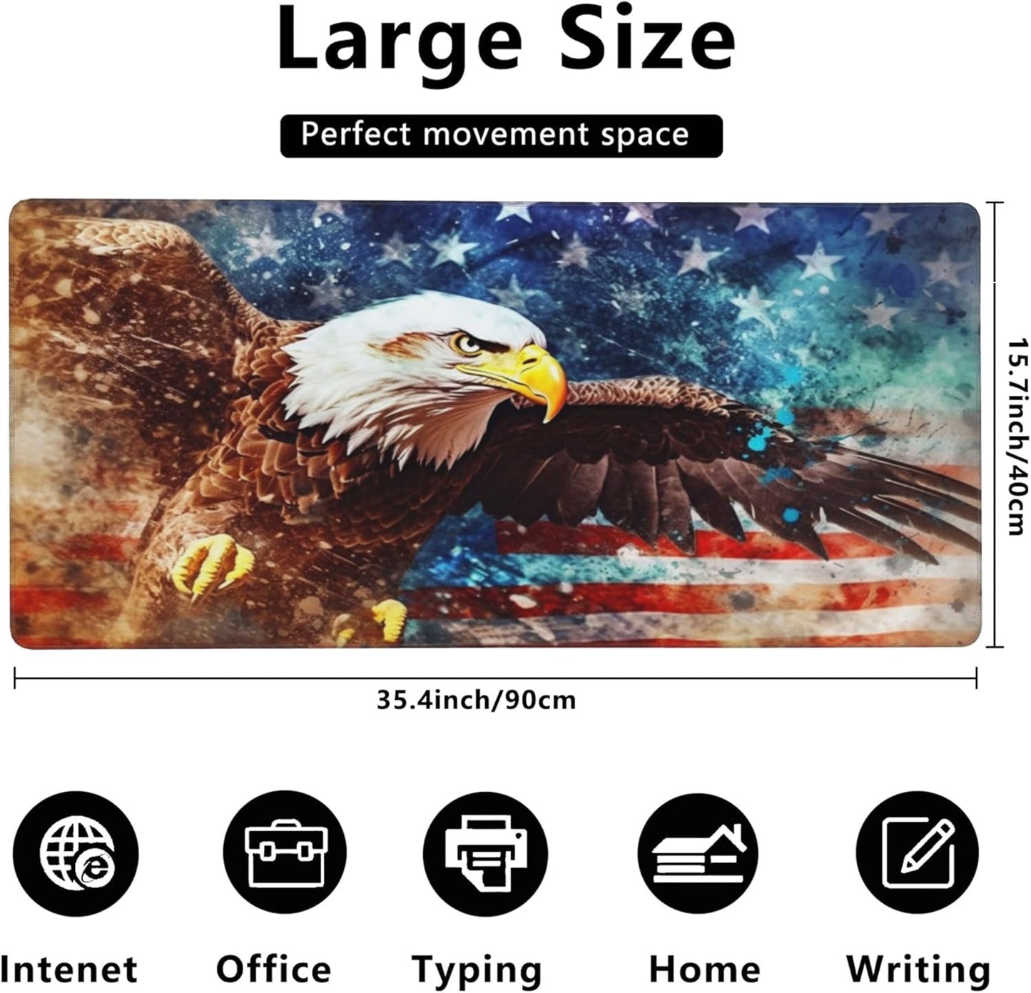 Gaming Mouse Mat Watercolor Bald Eagle Over American Flag Large Mouse Pad Extended Mouse Pad Desk Mat Non-Slip Rubber Base Mice Pad Desk Pad for Office Game Home 35.4x15.75 in
