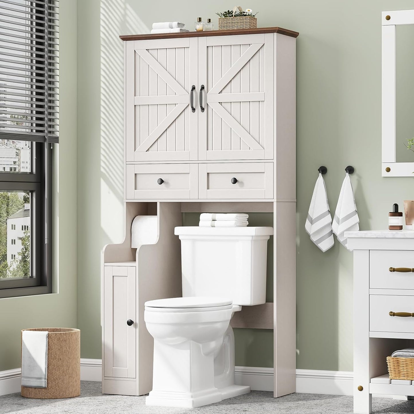 Over The Toilet Storage Cabinet, Storage Cabinet Over Toilet with Double Doors & Toilet Paper Holder Stand, Freestanding Toilet Shelf Space Saver with Anti-Tip Design & Adjustable Shelf, White