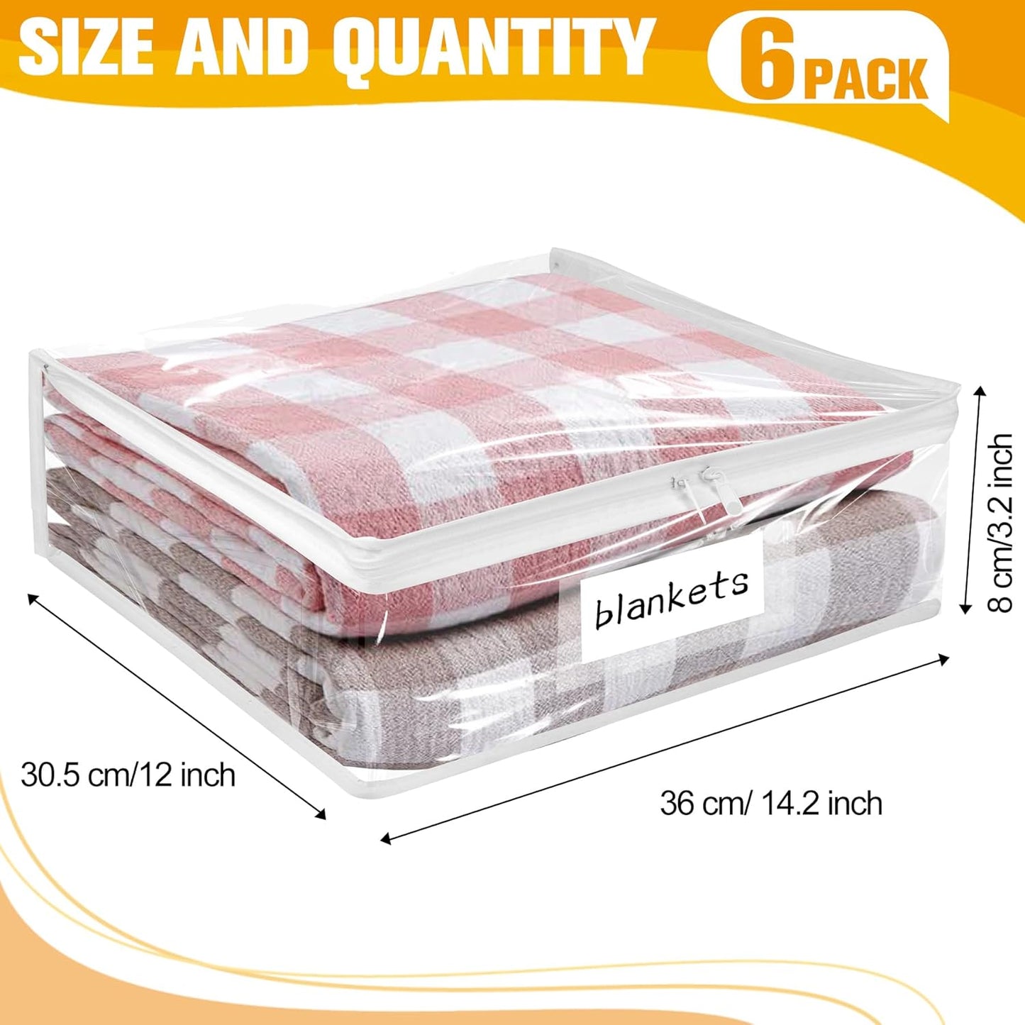 Plastic Storage Bags with Easy-Glide Zipper, Pack of 6, Durable Clear Vinyl Zippered Storage Bags for Clothes Sweaters Comforters Blankets Sheets Bedding (14.2 x 12 x 3.2 Inch)