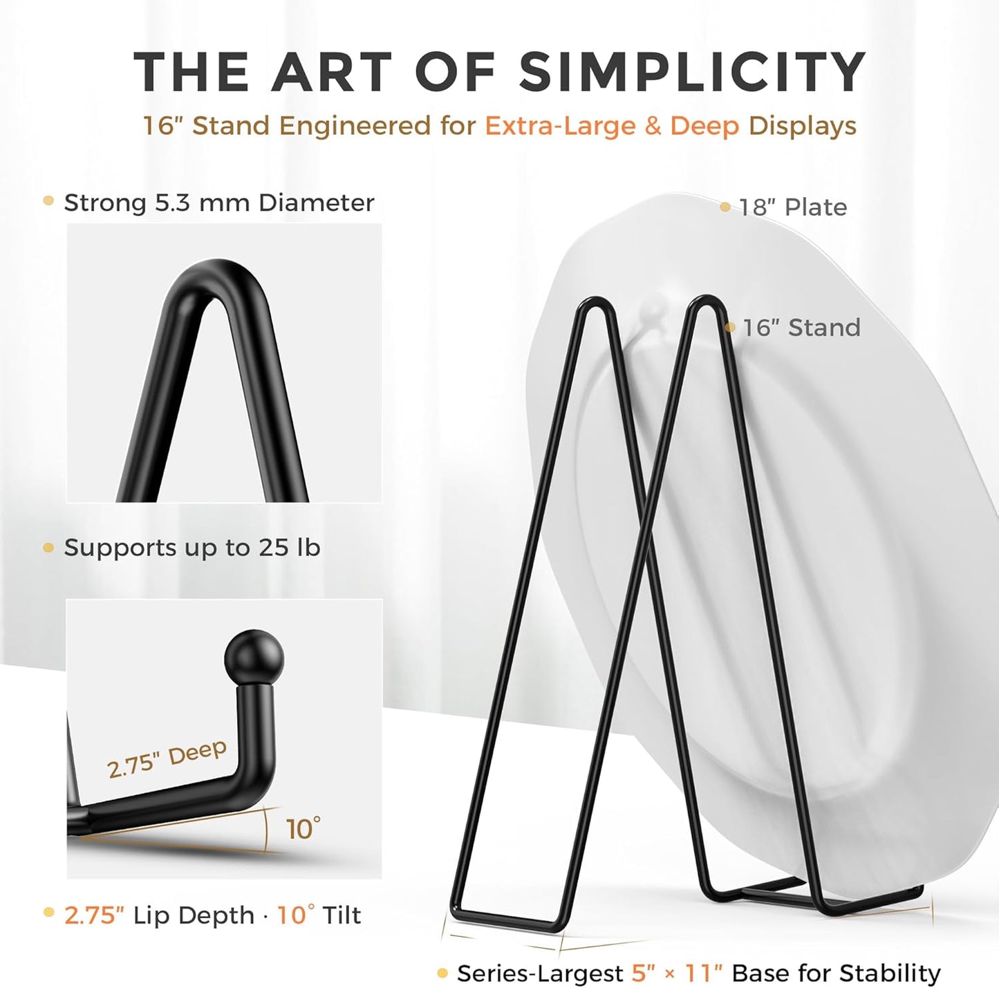 TR-LIFE 16 Inch Heavy Duty Plate Stand (2 Pack) - Metal Display Easel for Large Plates, Picture Frames, Signs, Posters, and Decorative Platters