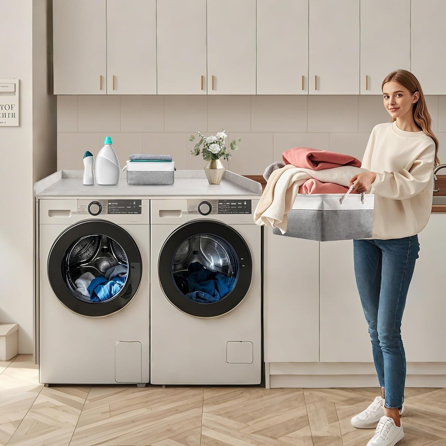 Washer Dryer Countertop with 2 Pack Storage Baskets, Wood Washer and Dryer Countertop with Non-Slip Pads/Edge Rails for Laundry Room Storage and Organization, 27.5" W x 54" L(Light Grey Marble)