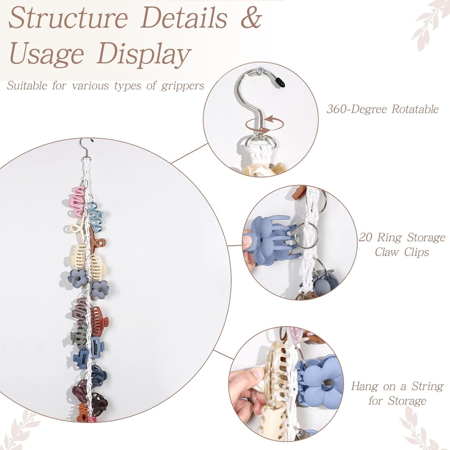 SNOWSTAR Macrame Hair Claw Clip Organizer with Rotating Hook and 20 Metal Rings,Hanging Hair Clip Holder and Storage for Women Girls,Claw Clips Hanger Home Decor for Wall,Door,Closet