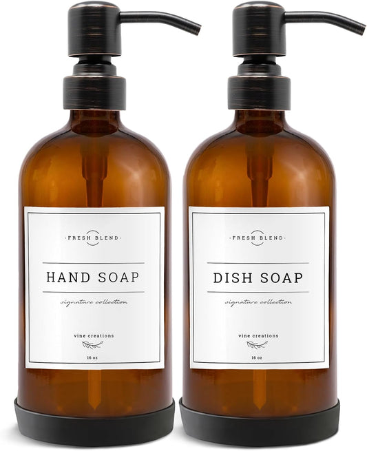 Vine Creations Amber Glass Soap Dispenser, 2 Pack Kitchen Soap Dispenser Set with Stainless Steel Pump, 16 oz Dish Soap and Hand Soap Dispensers for Bathroom with Waterproof Labels
